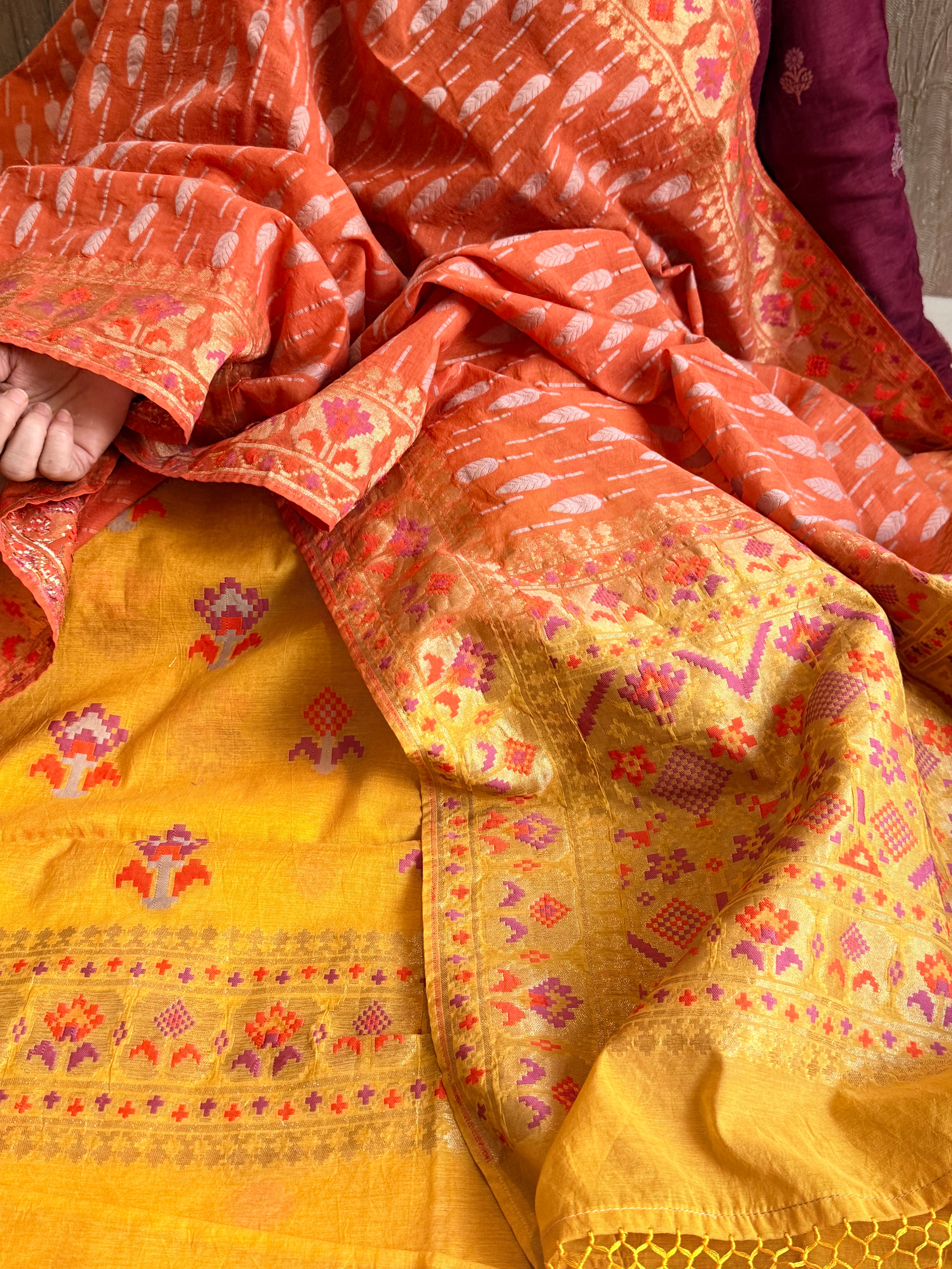 Mul cotton banarasi kadhwa buti haldi yellow - orange suit set
