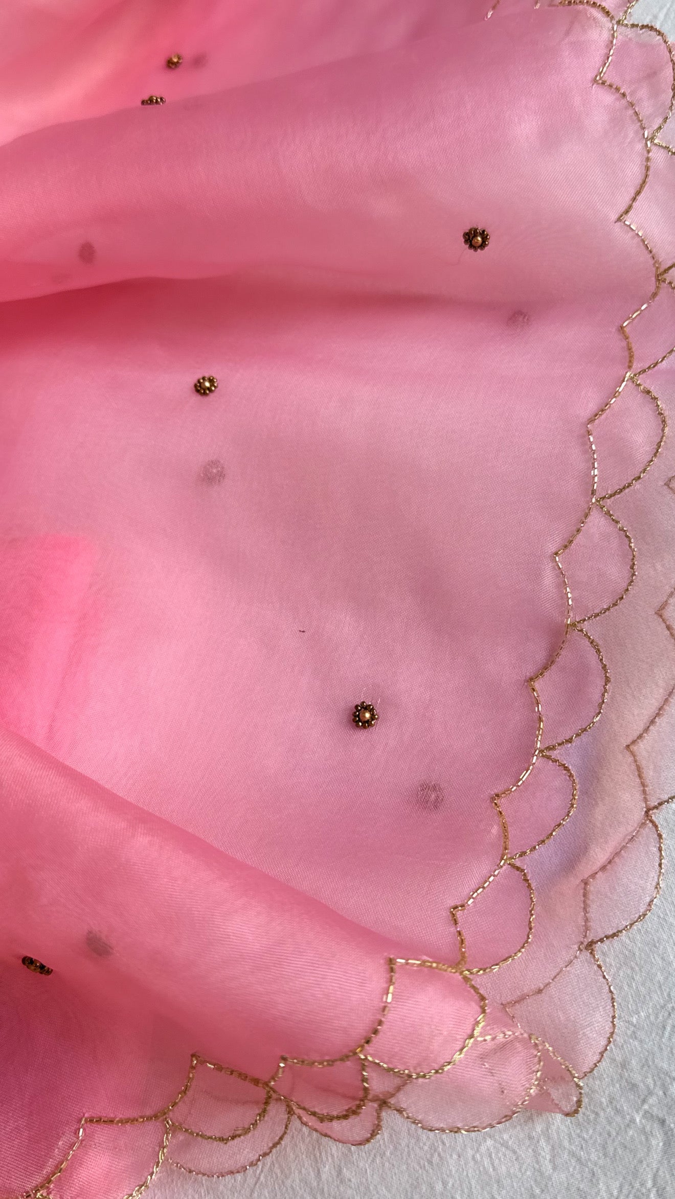 Summer suits under 8k - Mul cotton pink kurta paired with pink scalloped kora silk duppata