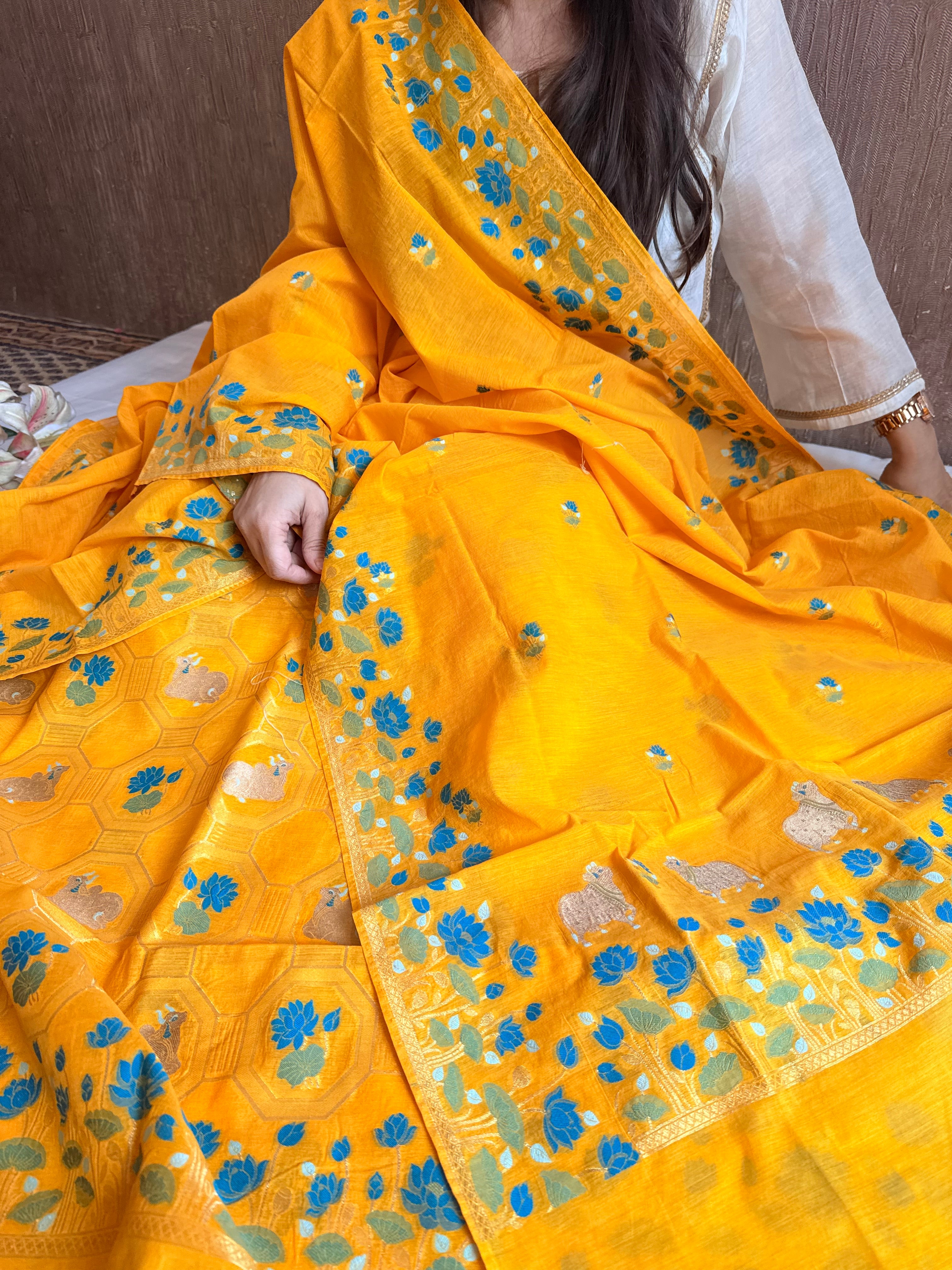 Mul cotton banarasi meenakari nandu motif suit sets