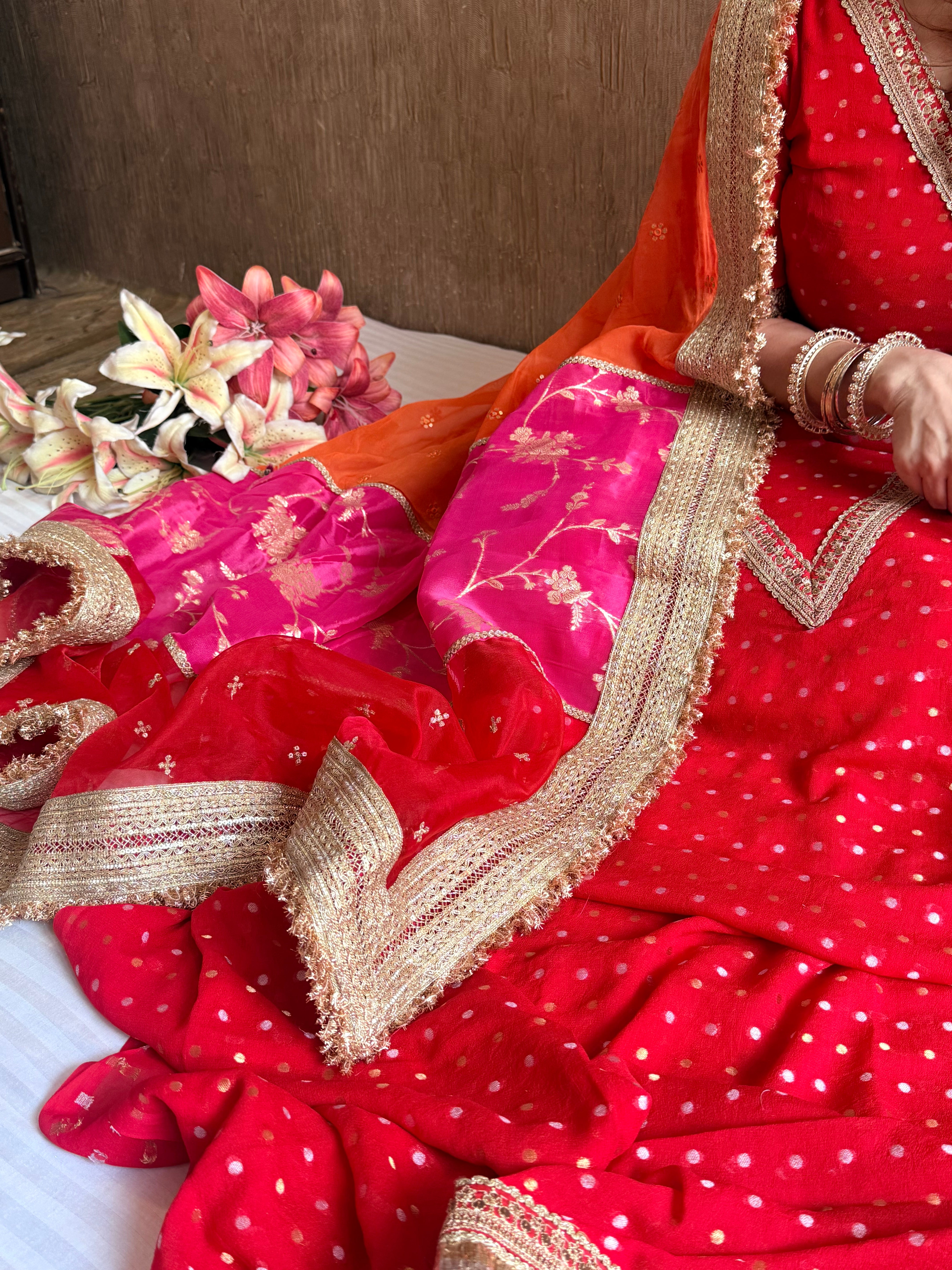 Teej & Karwachauth edit blood red chiffon gorgette hand embroidered multicolour duppata set