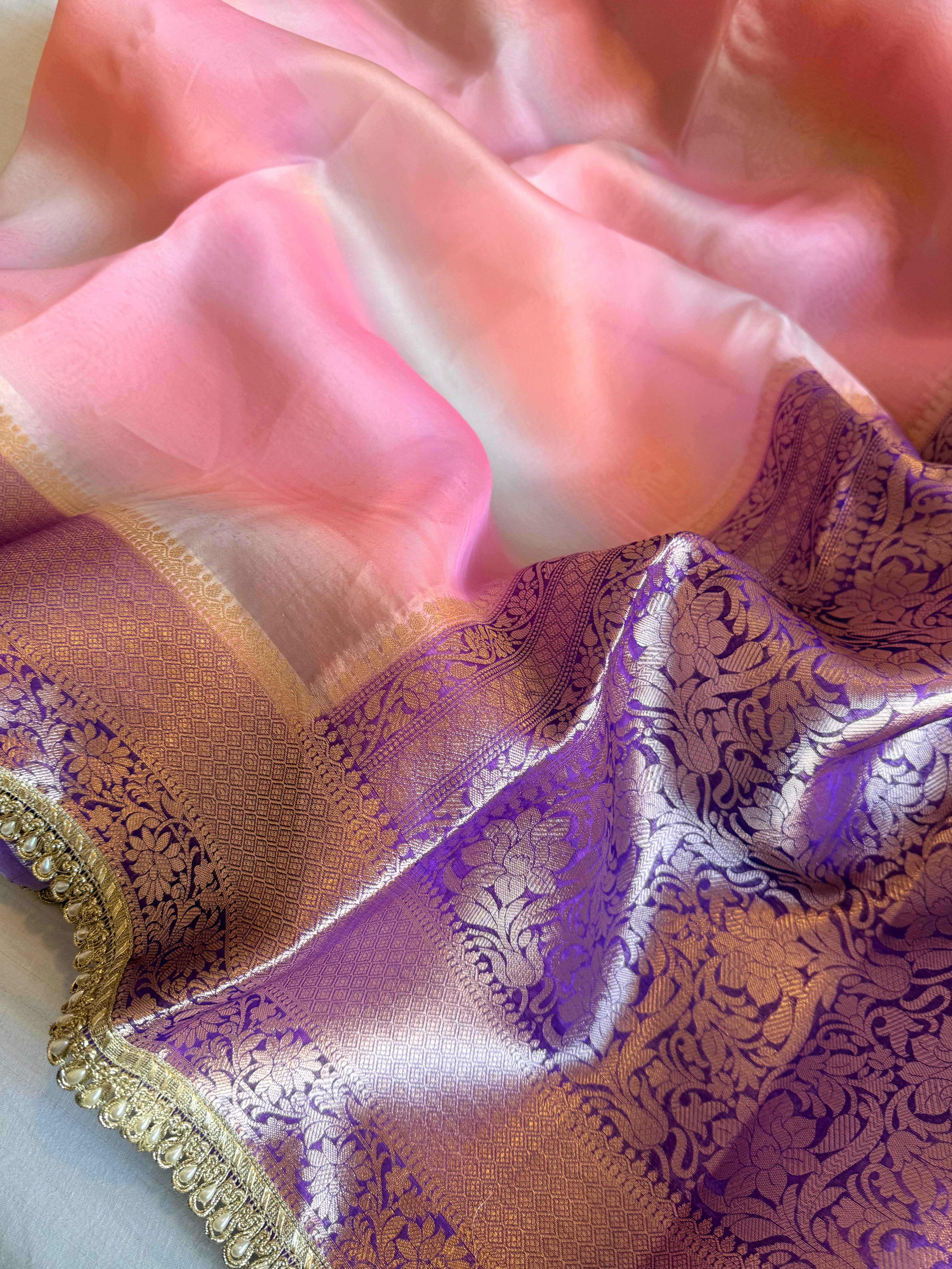 Banarasi kora silk rainbow dyed kadhwa saree with gotapatti work