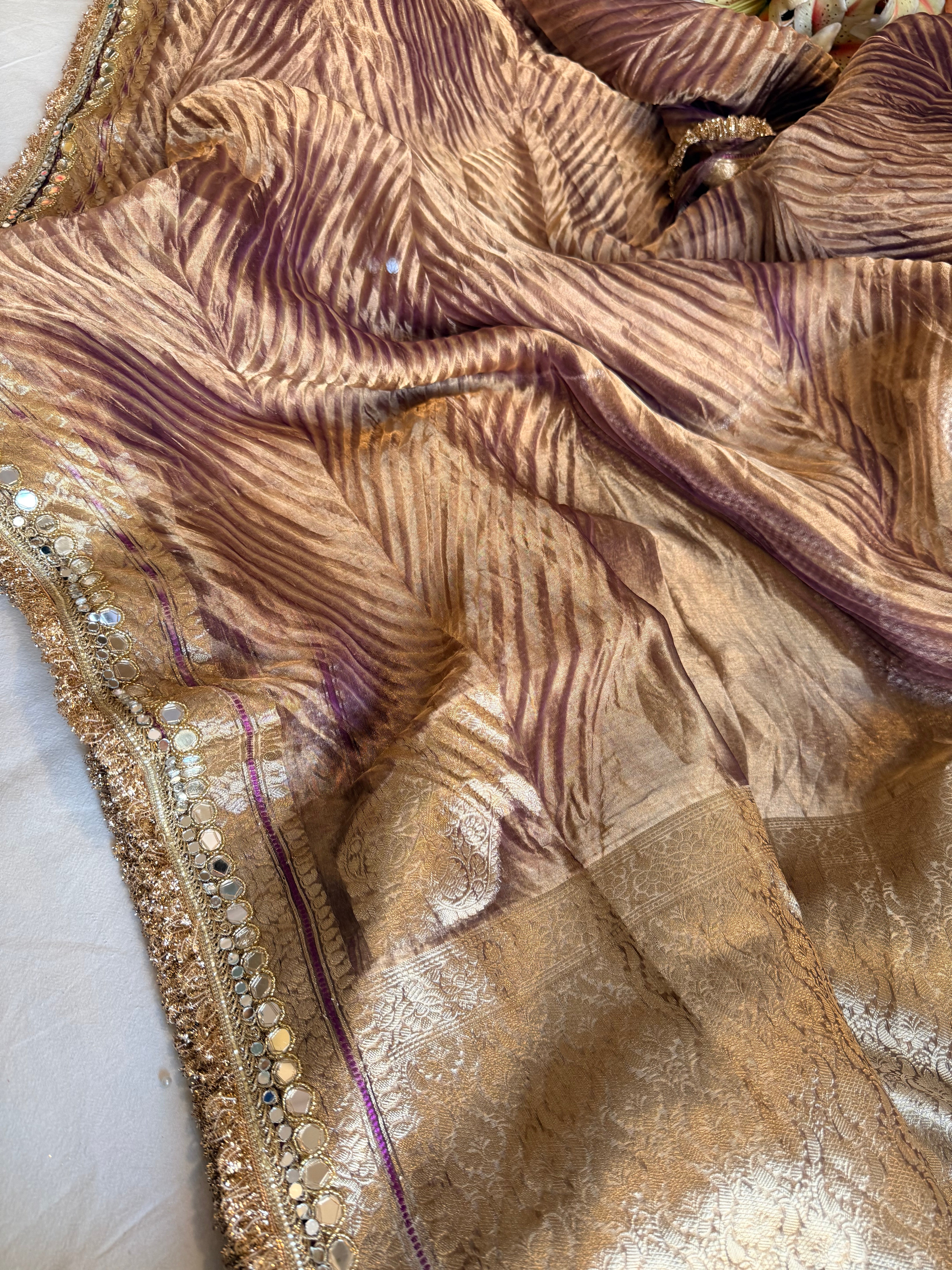 Lilac tissue silk arshi dyed mirrorwork hand embroidered kadhwa saree