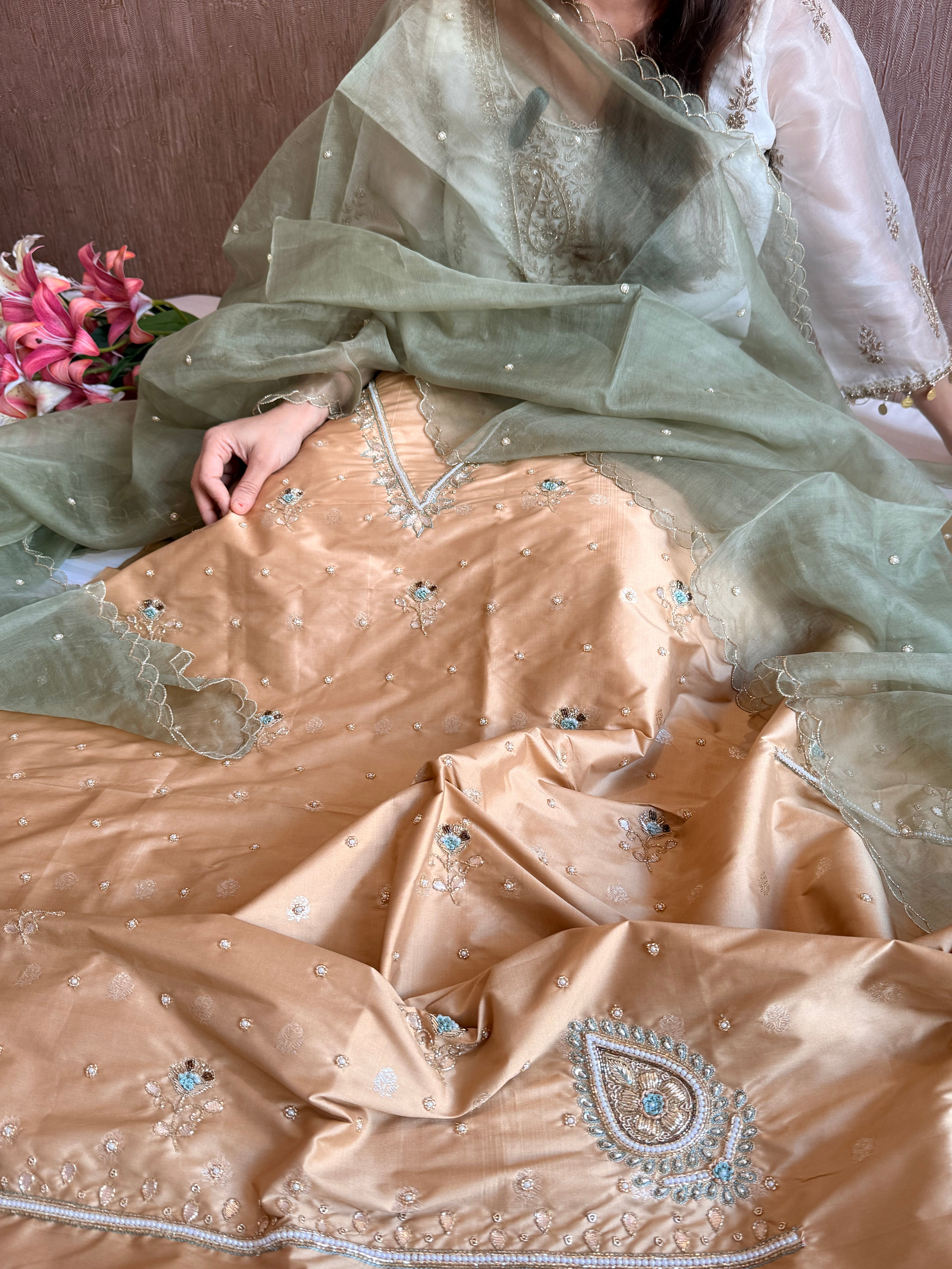 Katan silk hand embroidered banarasi kurta paired with kora silk duppata