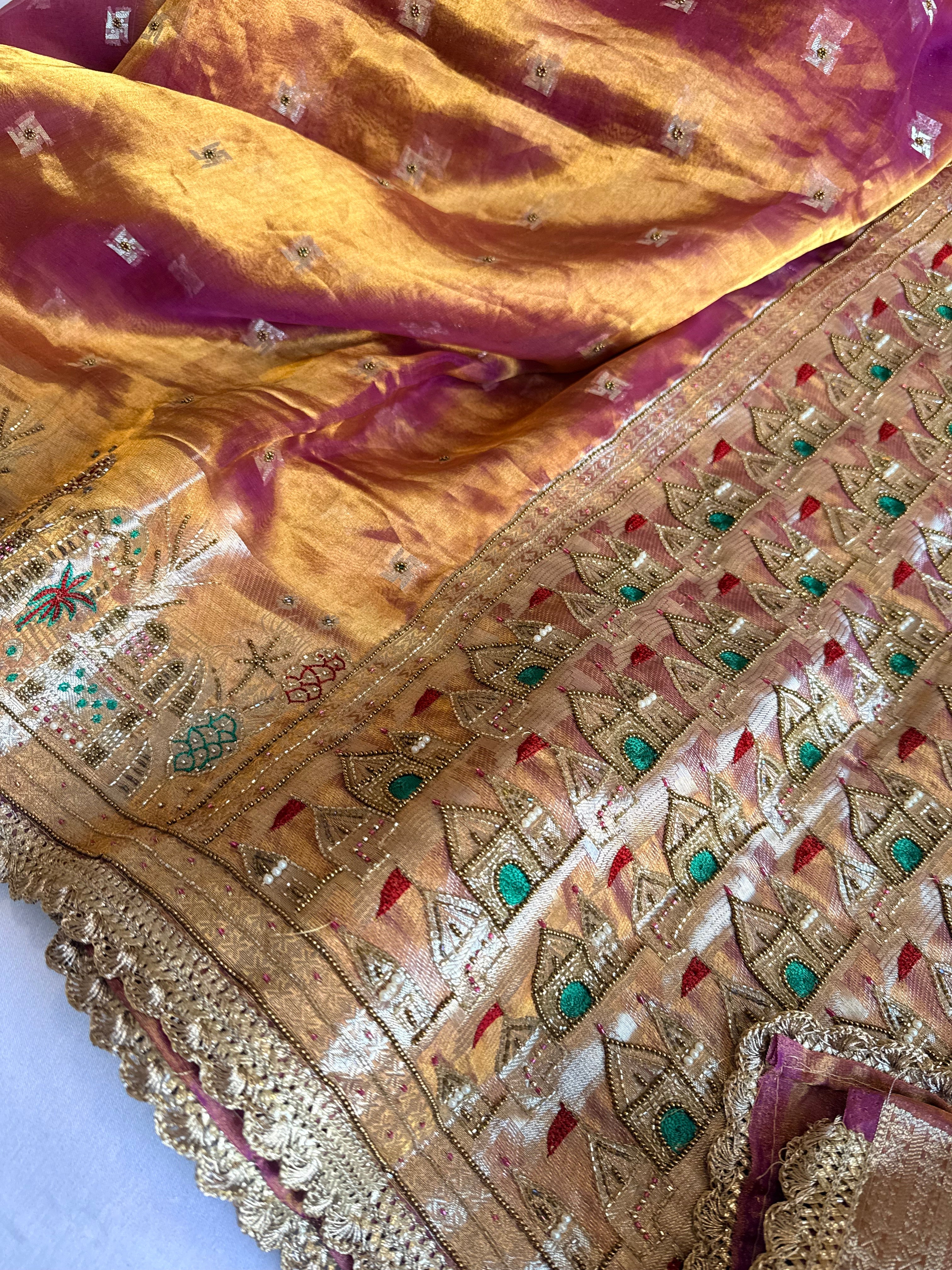 Ganga-darshan edit - Tissue silk kanjivaram purple hand embroidered kadhwa saree