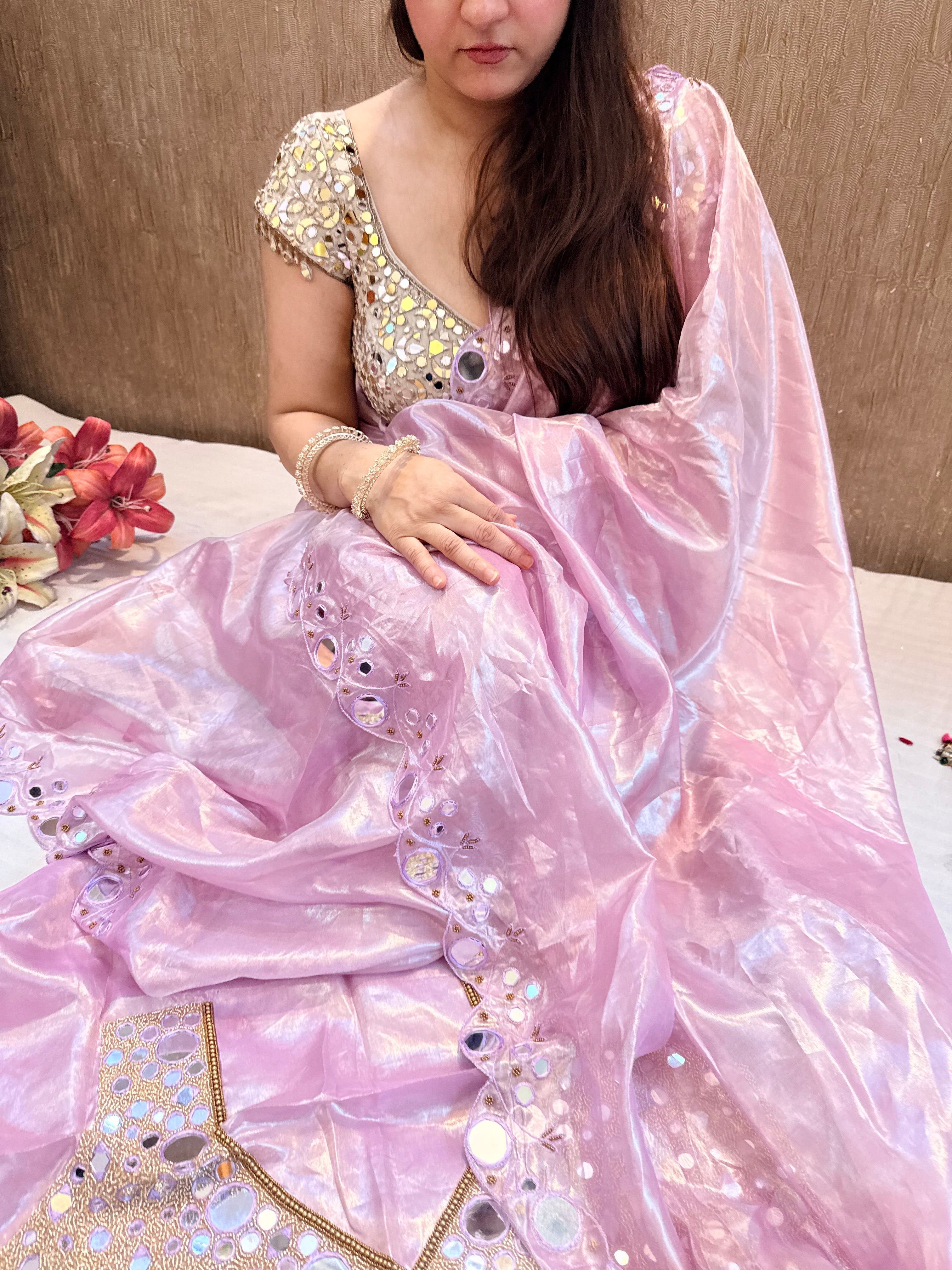 Sheeshe wali blush pink tissue silk mirrorwork hand embroidered banarasi saree
