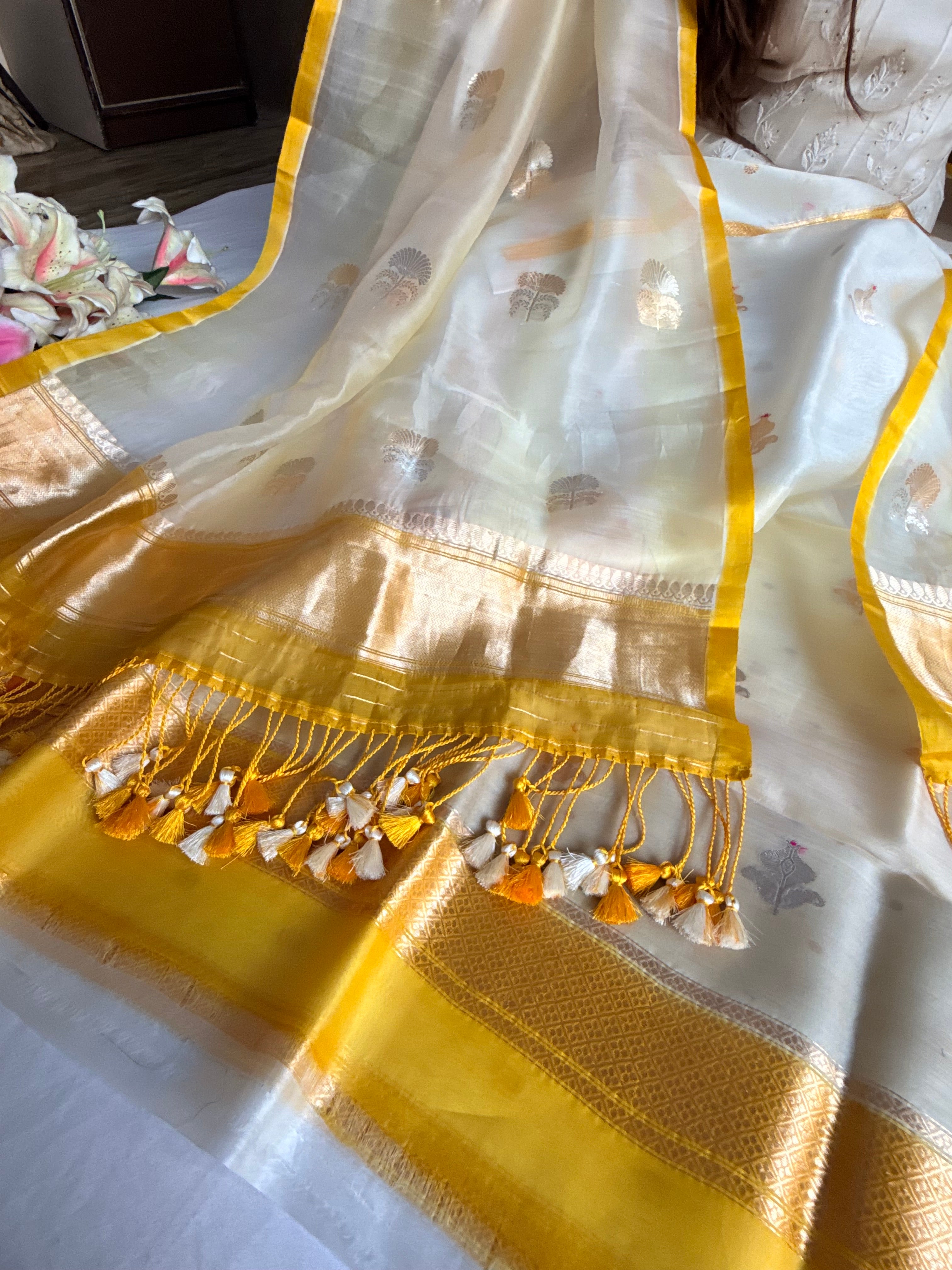 Pastel shaded kora silk rainbow dye kadhwa banarasi suit set