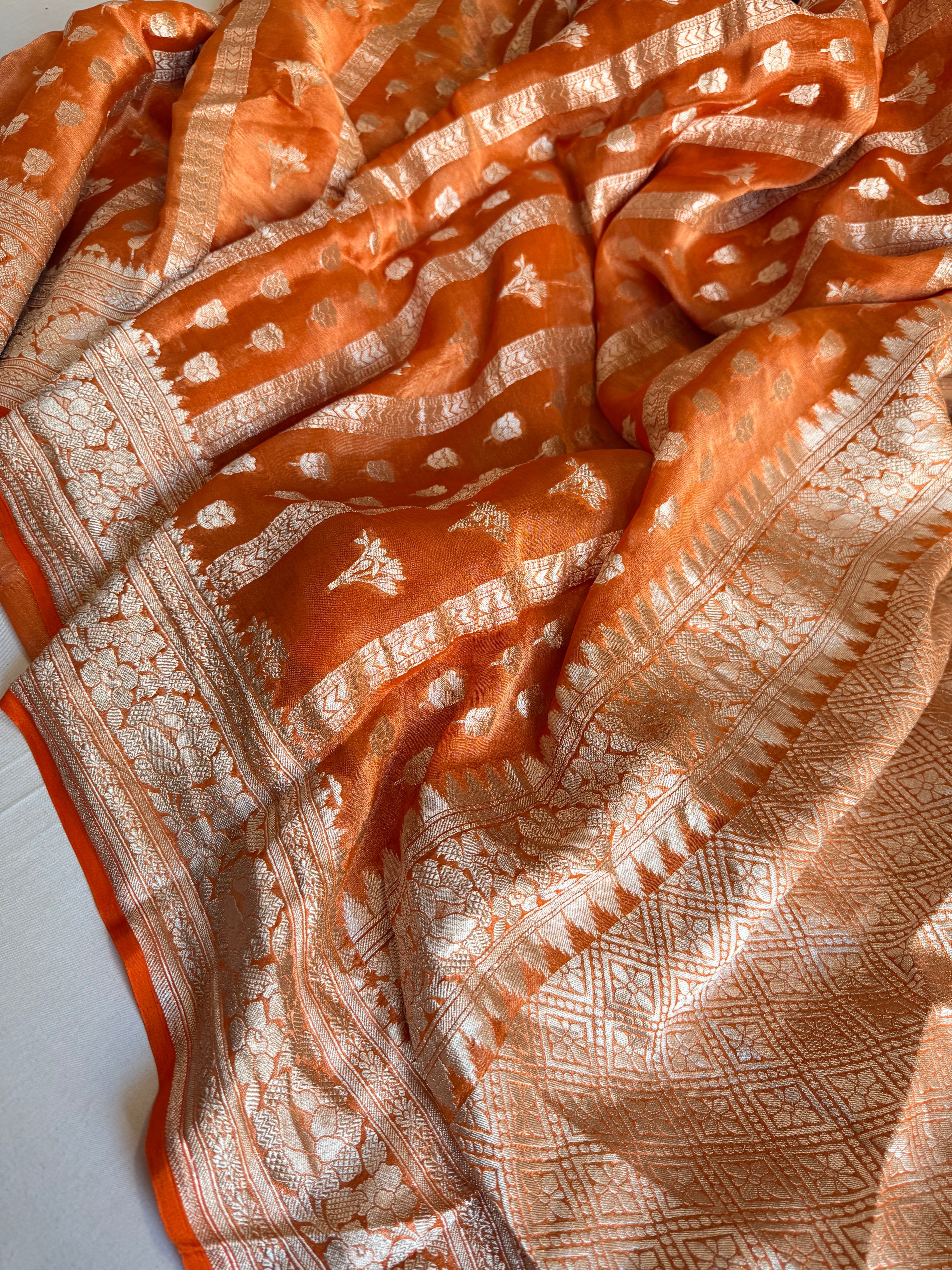 Chiffon peachy orange tissue gorgette kadhwa jaalwork soft silk saree