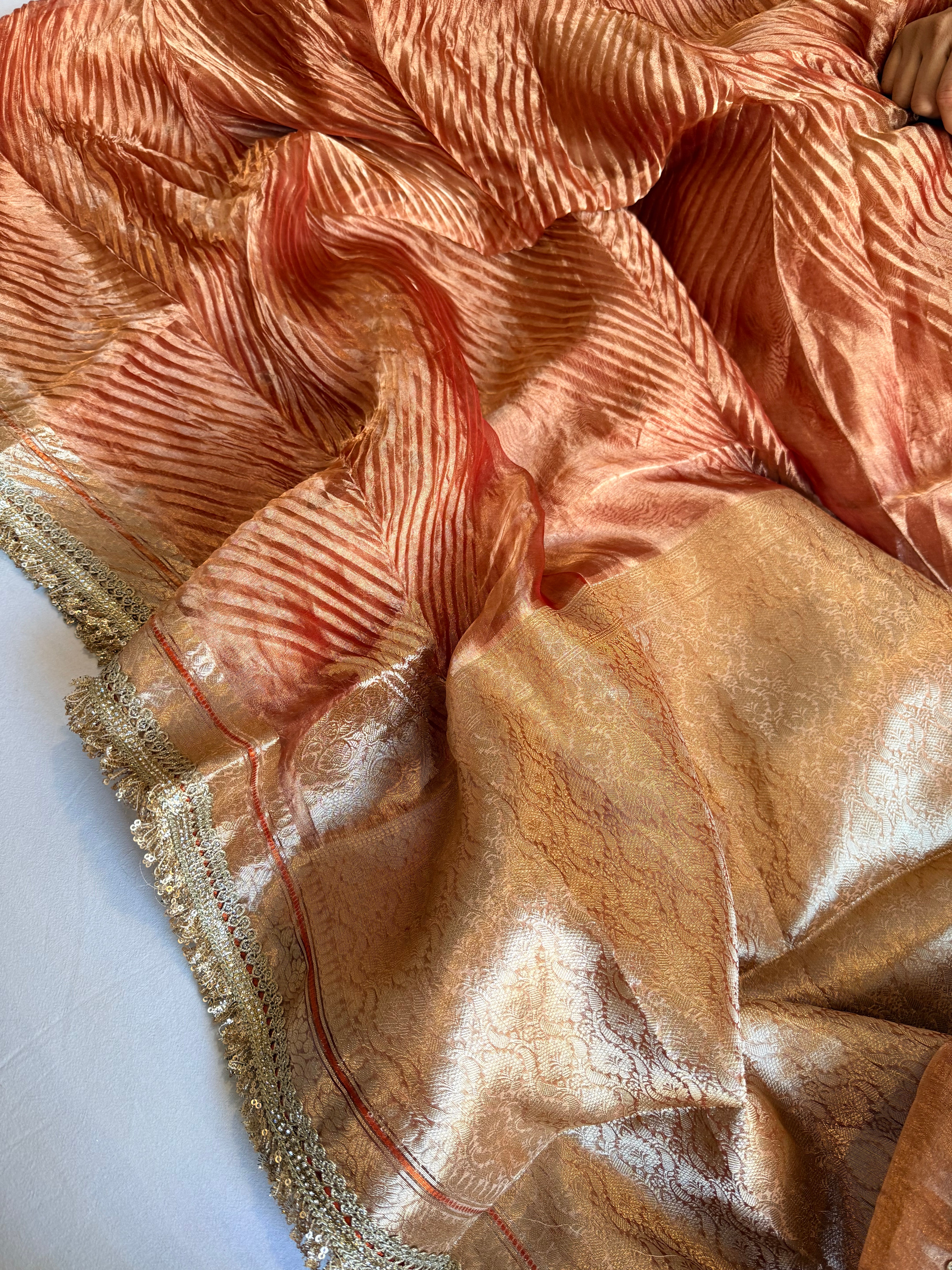 Rust red tissue silk arshi dyed mirrorwork hand embroidered kadhwa saree