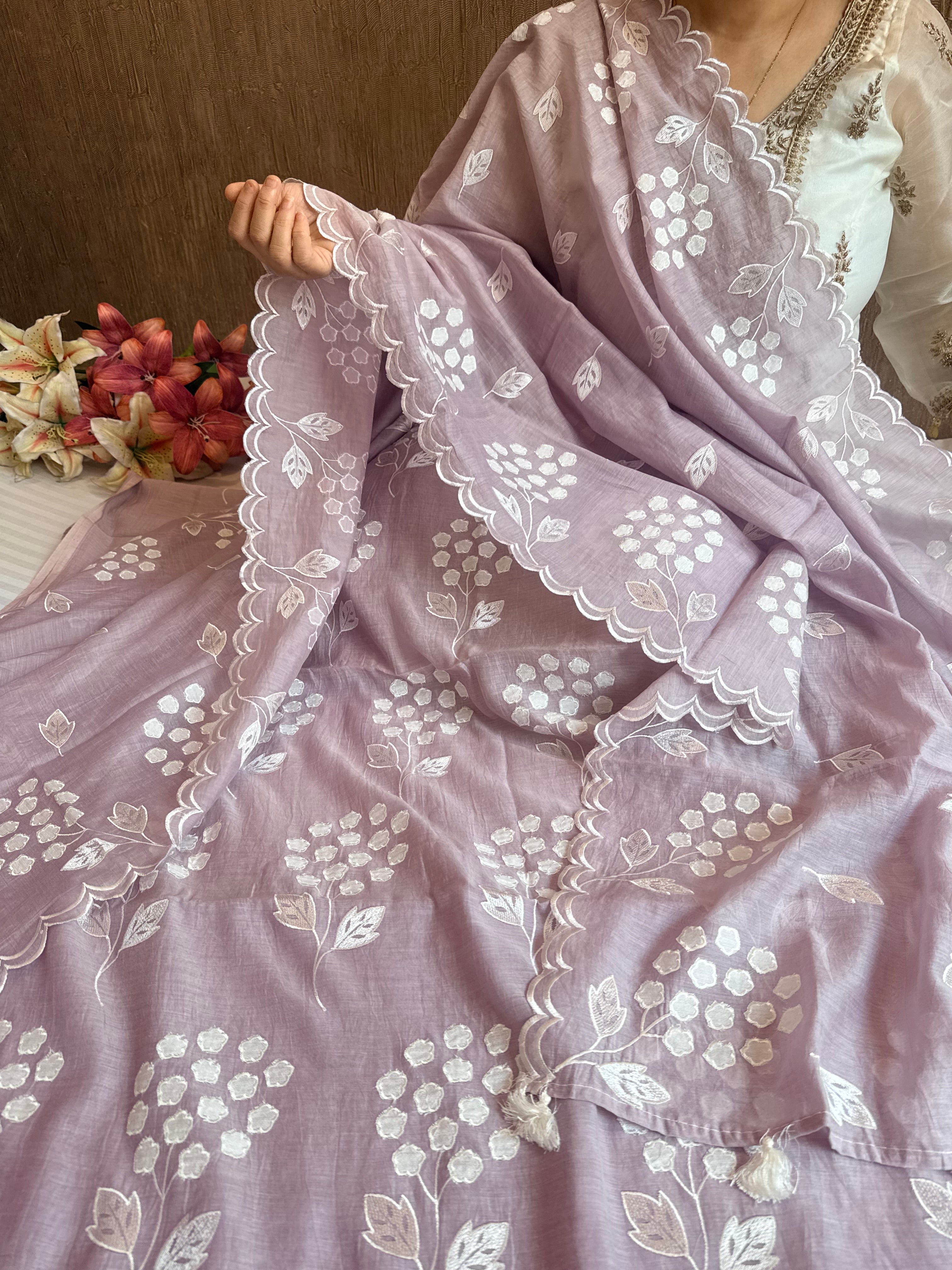 Alia bhatt inspired blush mouve pink mulmul appliqué work suit set