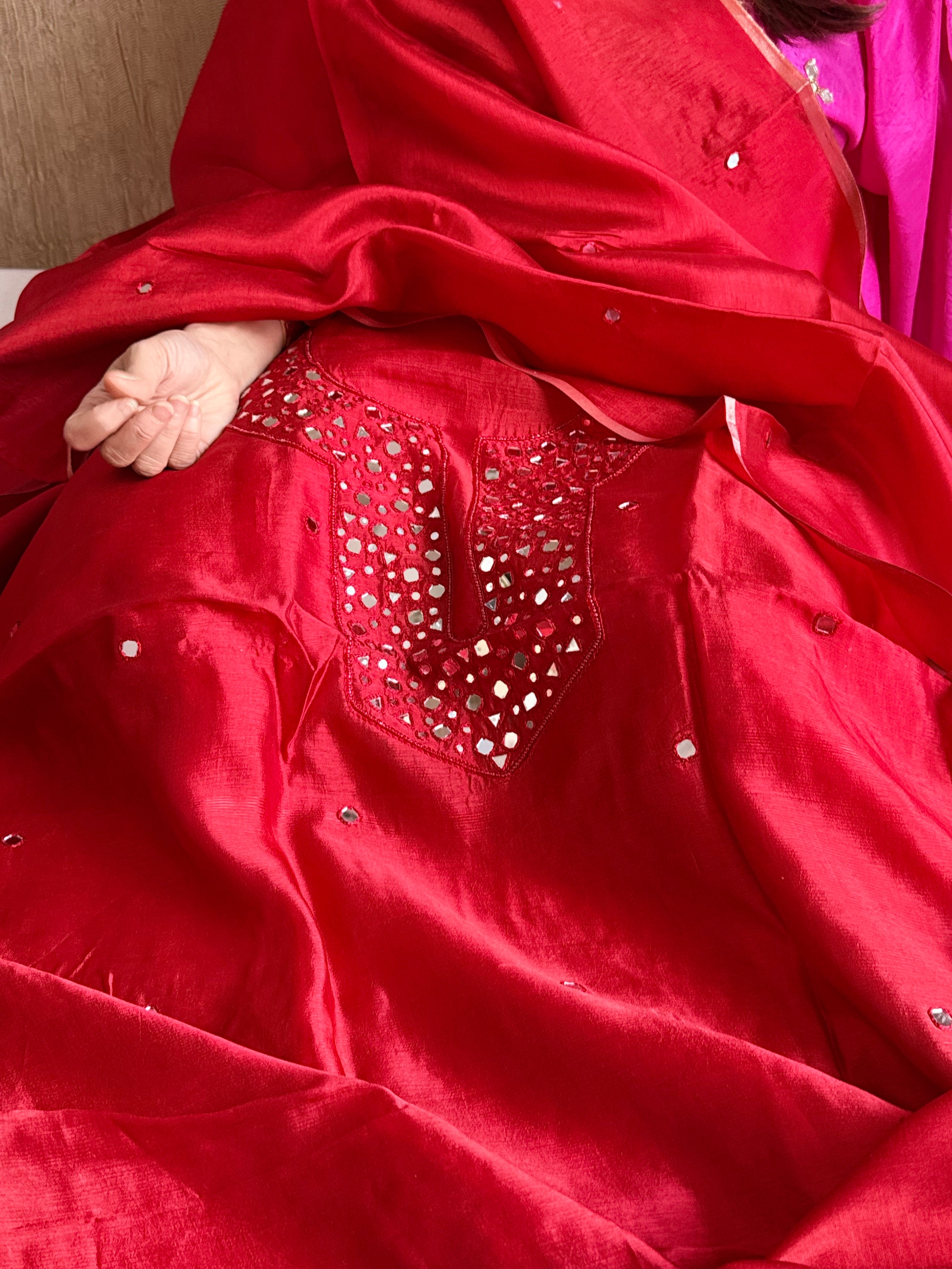 Spun chiniya silk mirror work hand embroidered banarasi suit set
