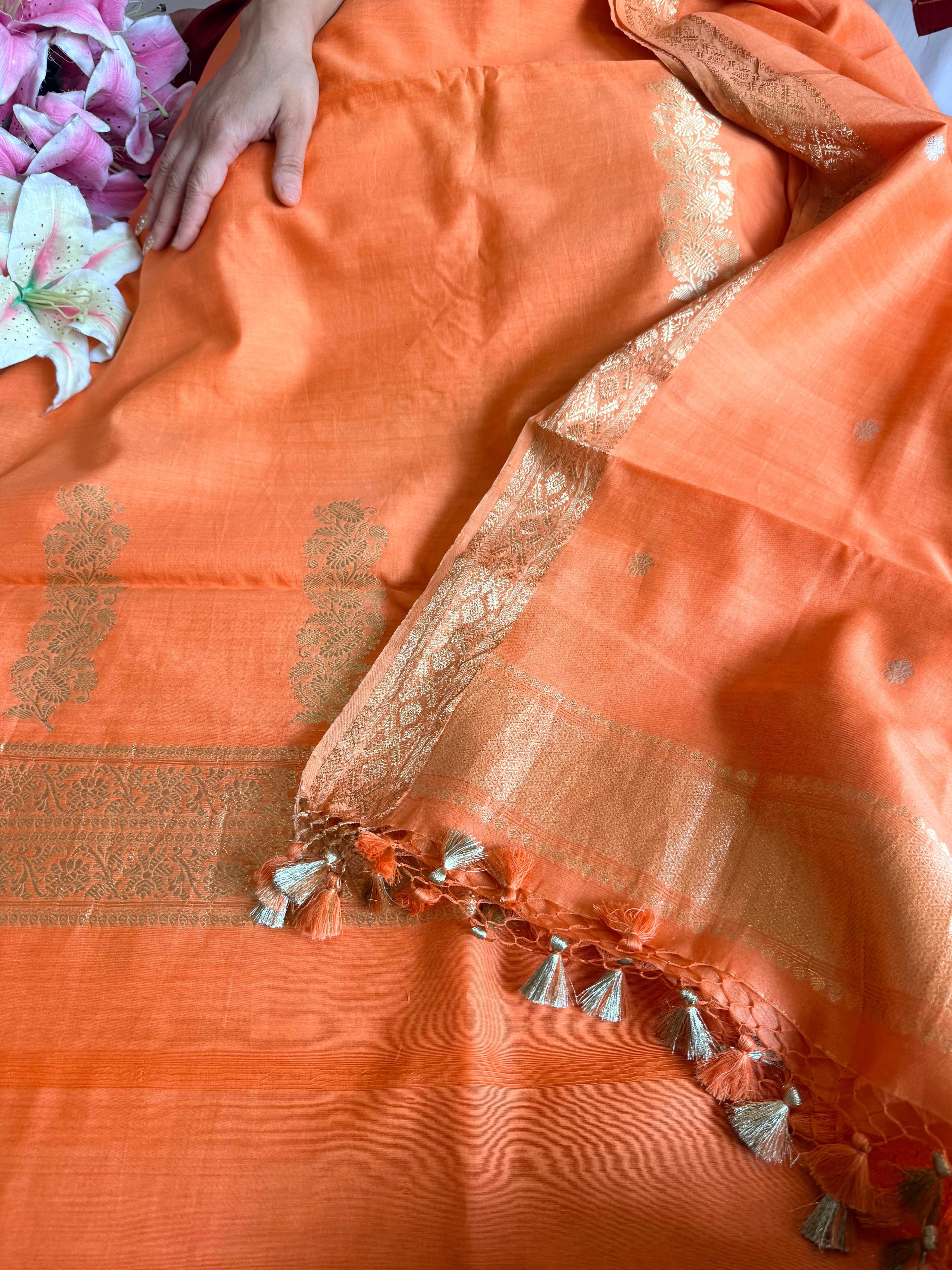 Handloom banarasi cotton kadhwa weaving blush peach suit set