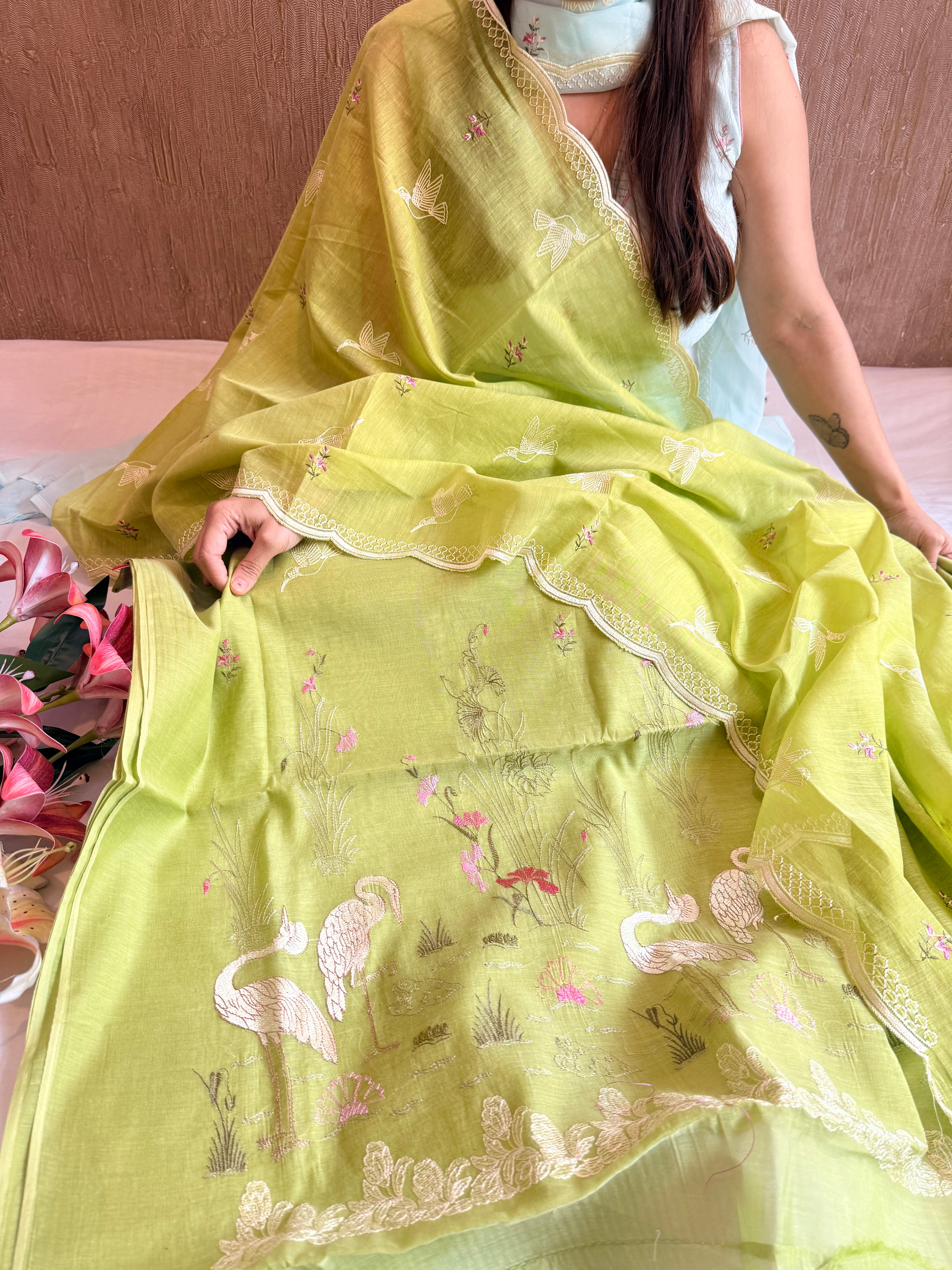 Grass green mul cotton flamingo resham hand embroidered suit set