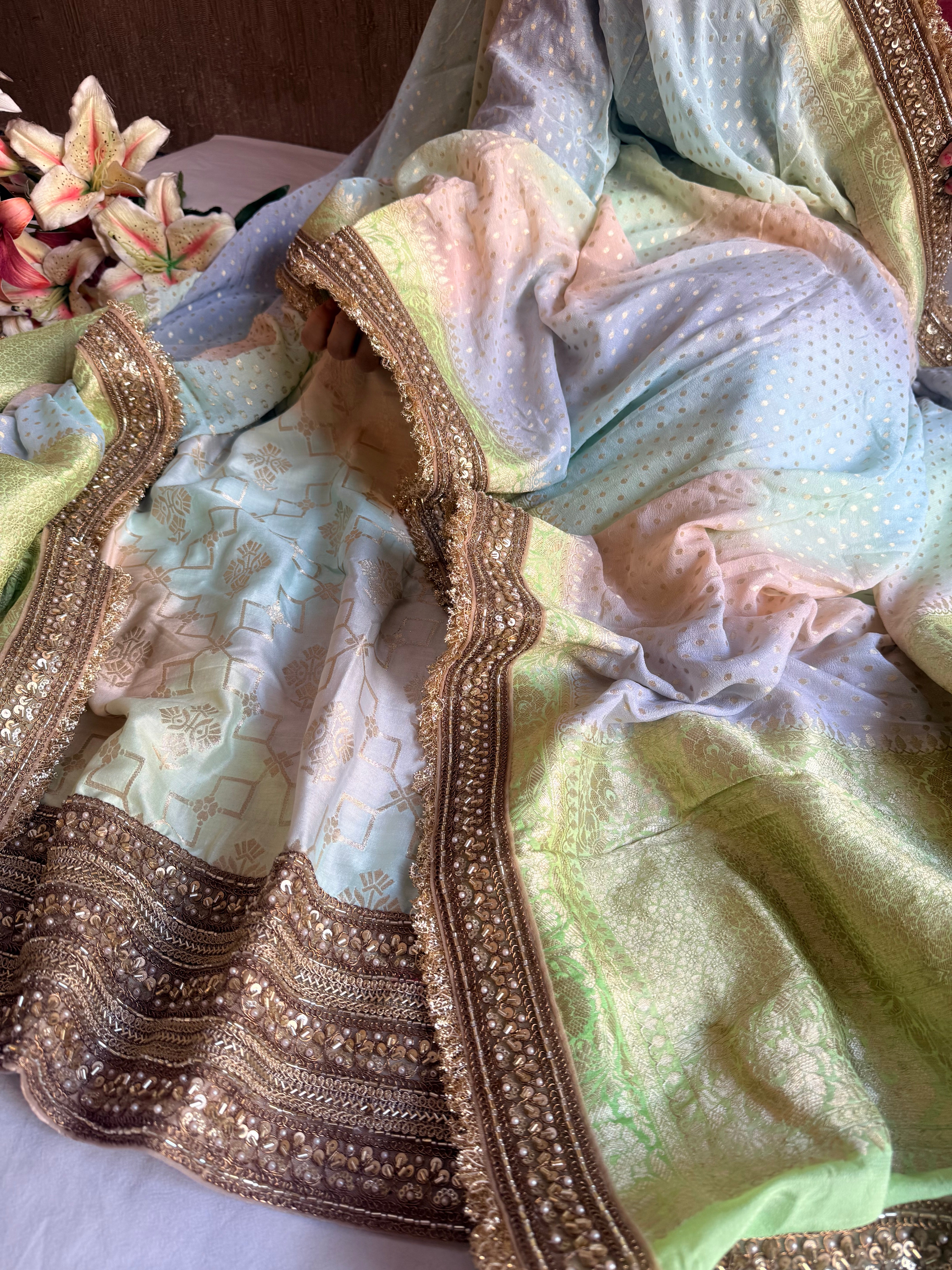 Multishaded moonga silk hand embroidered zardozi work suit set