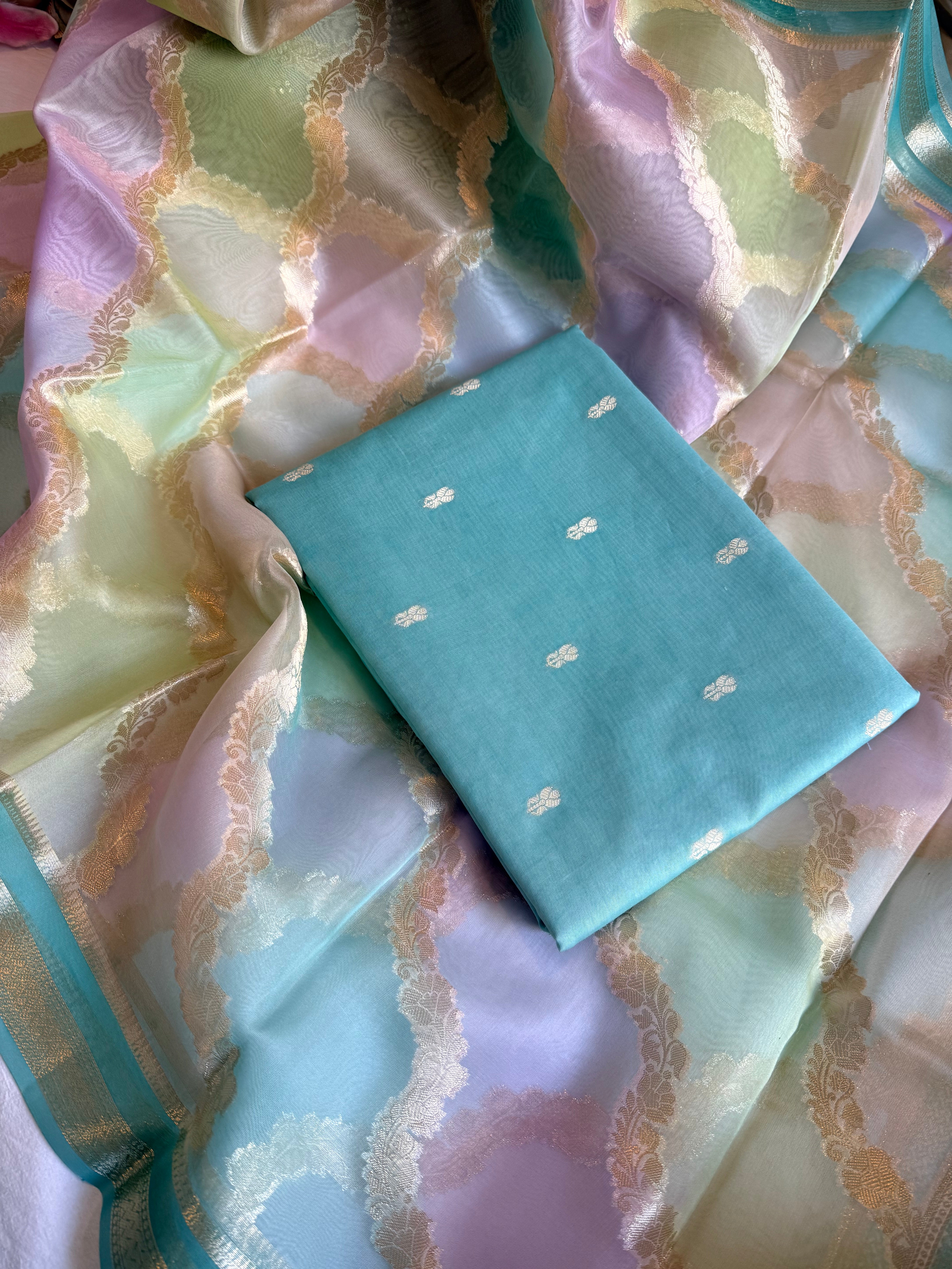 Banarasi chiniya silk kurta paired with candy colours rangkaat kora silk duppata