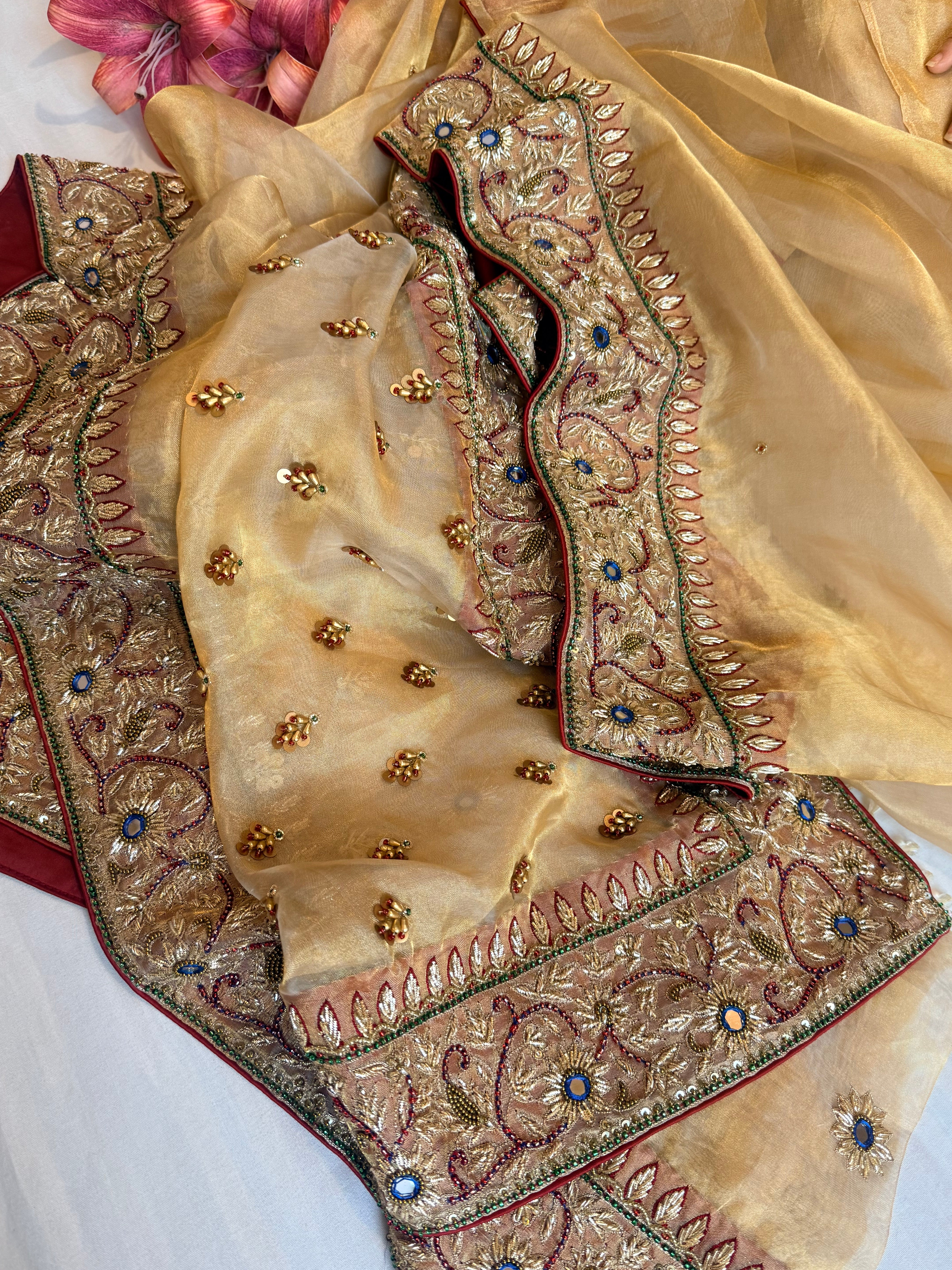Zardozi & Jadauwork border tissue silk hand embroidered kadhwa butter gold saree