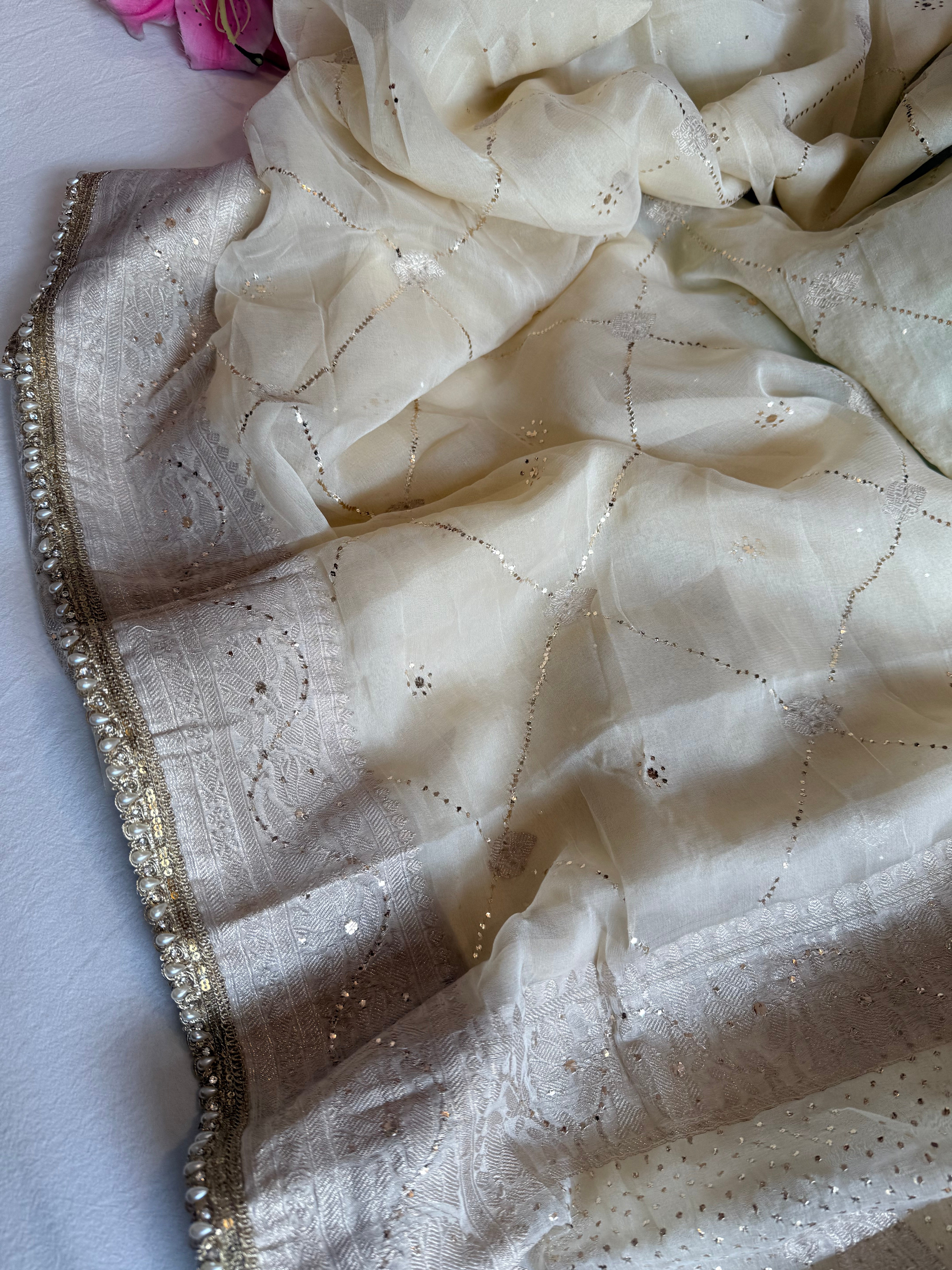 Chiffon gorgette banarasi champagne gold mukaish work hand embroidered saree
