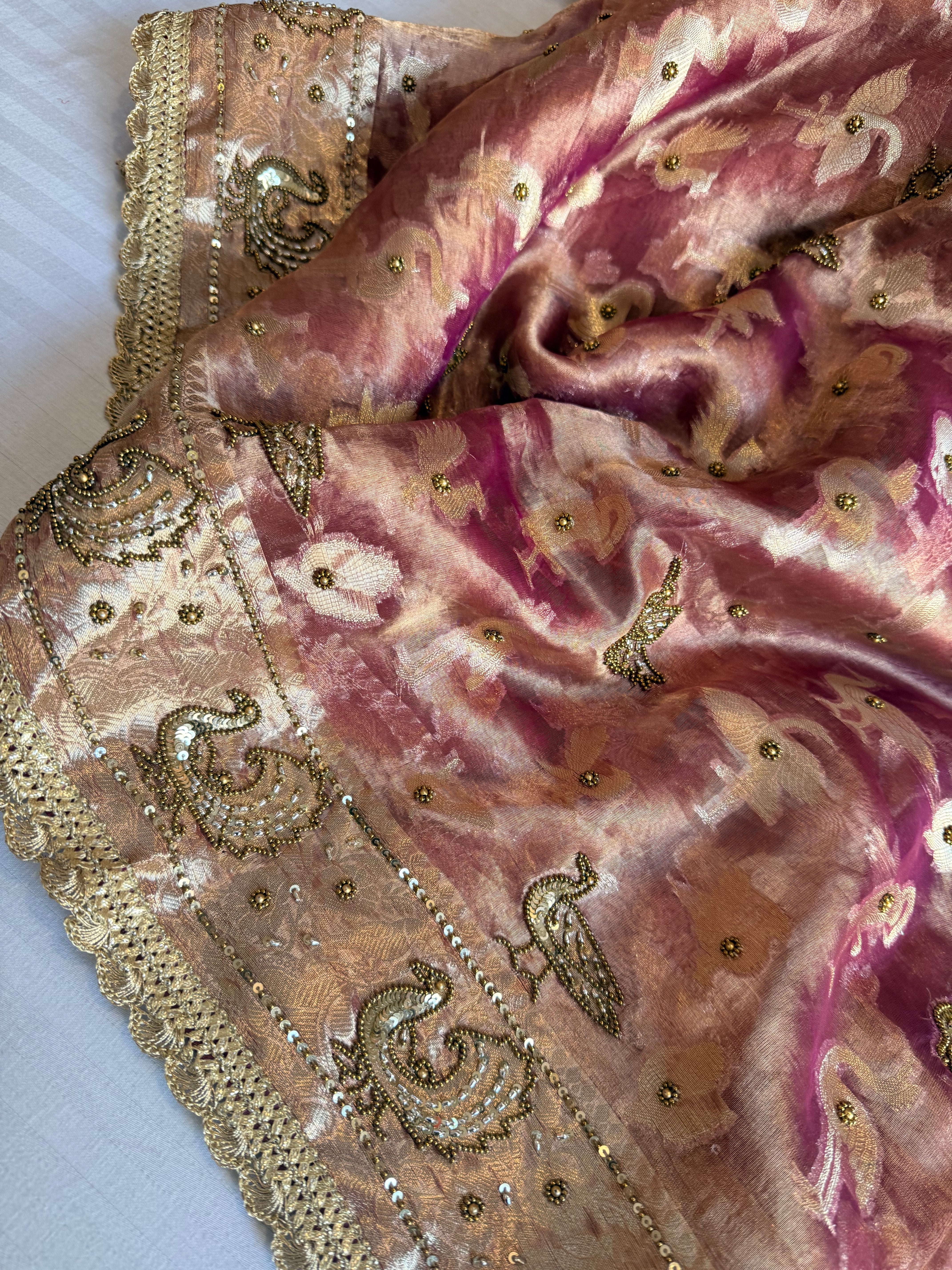 Chiraiya wali saree - Magenta purple tissue silk figure motif weaving and hand embroidered saree