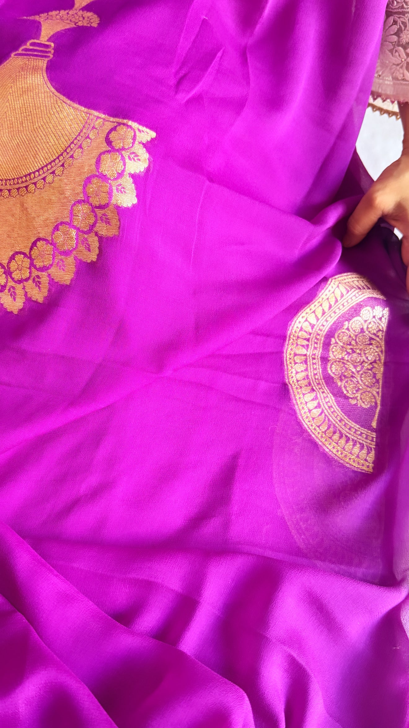 Neck & Pocket weaving - Chiffon gorgette bright purple kadhwa weaving suit set