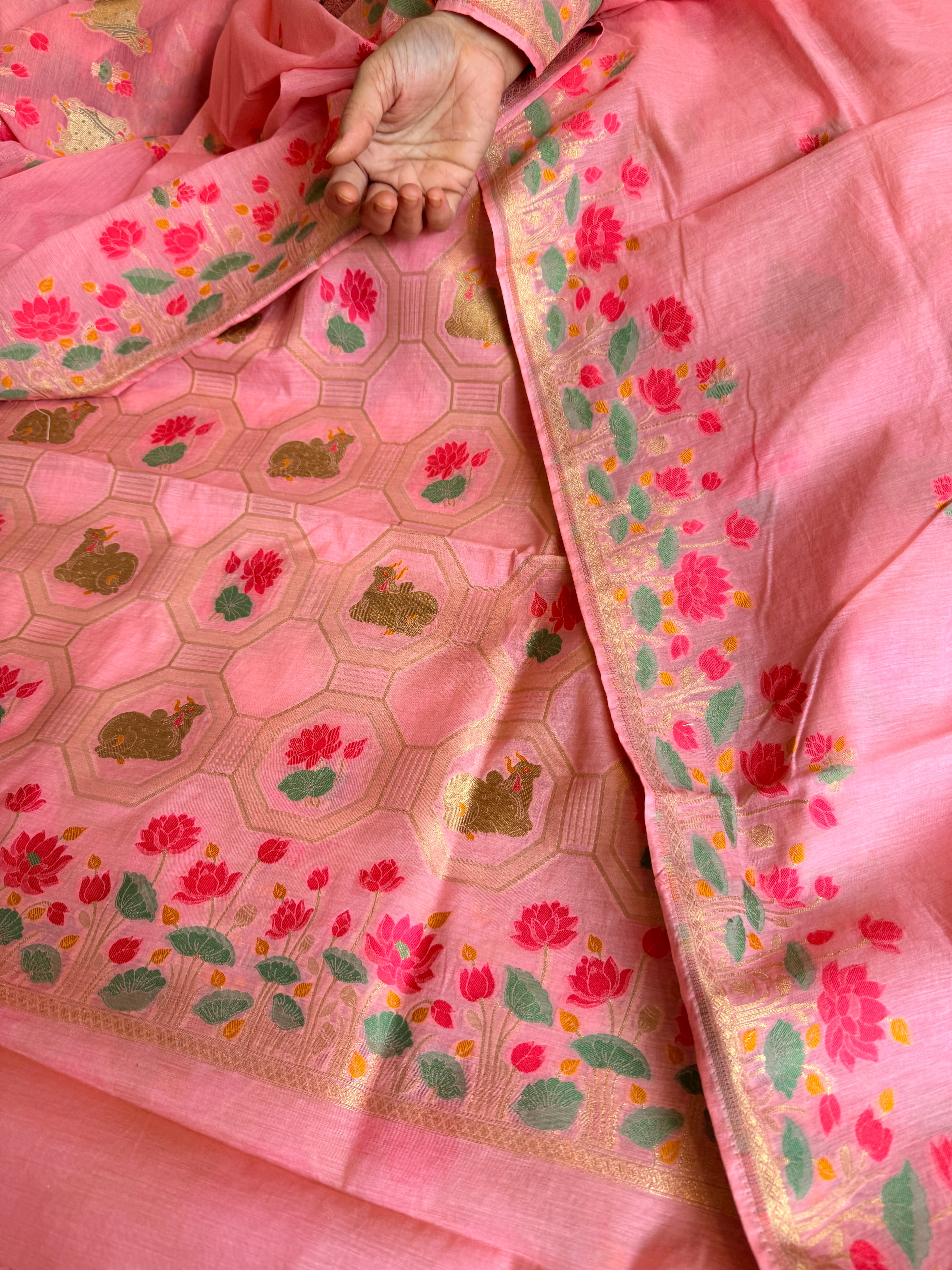 Mul cotton banarasi meenakari nandu motif suit sets