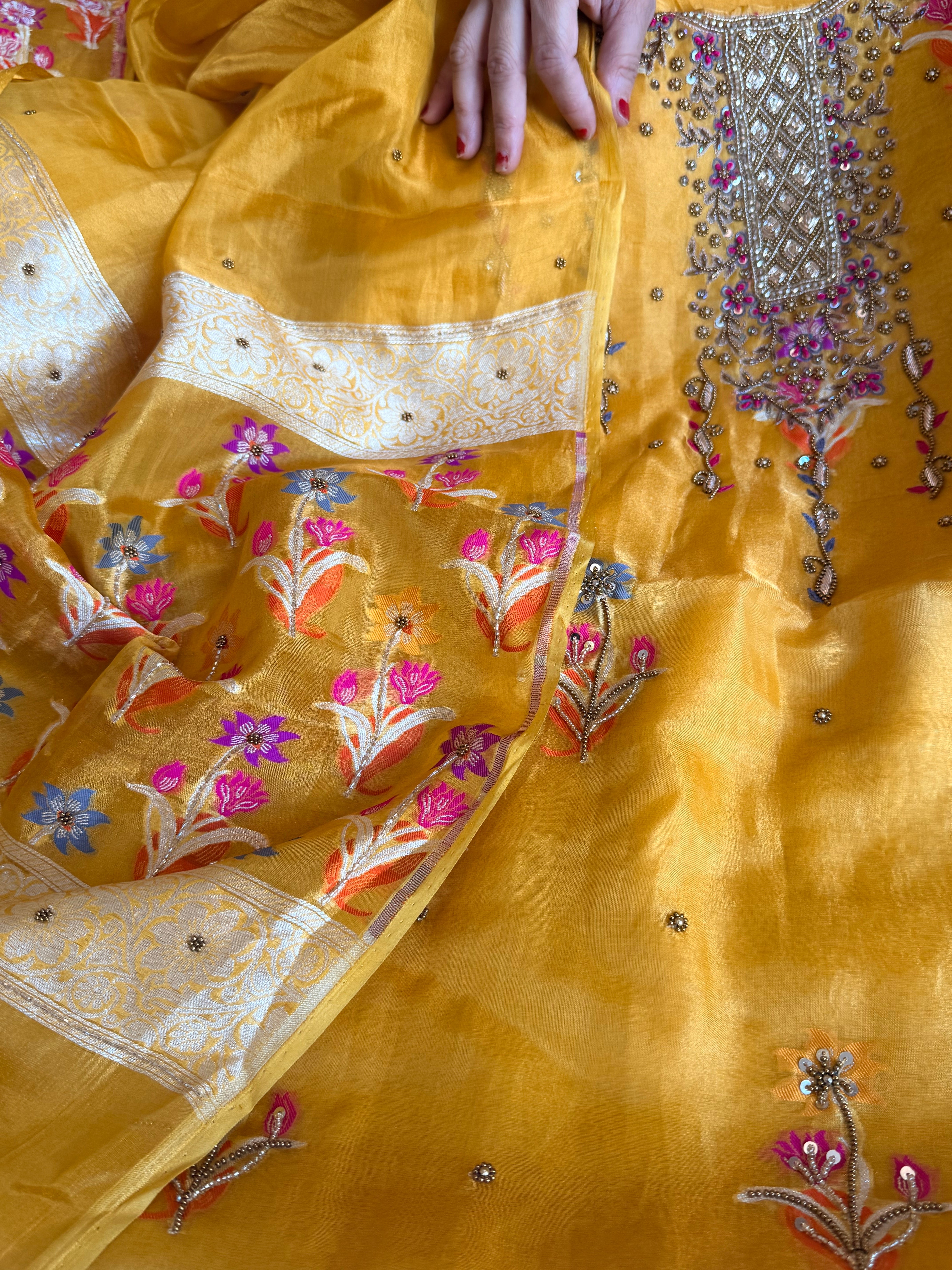 Banarasi tissue silk haldi yellow tissue silk meenakari hand embroidered suit set
