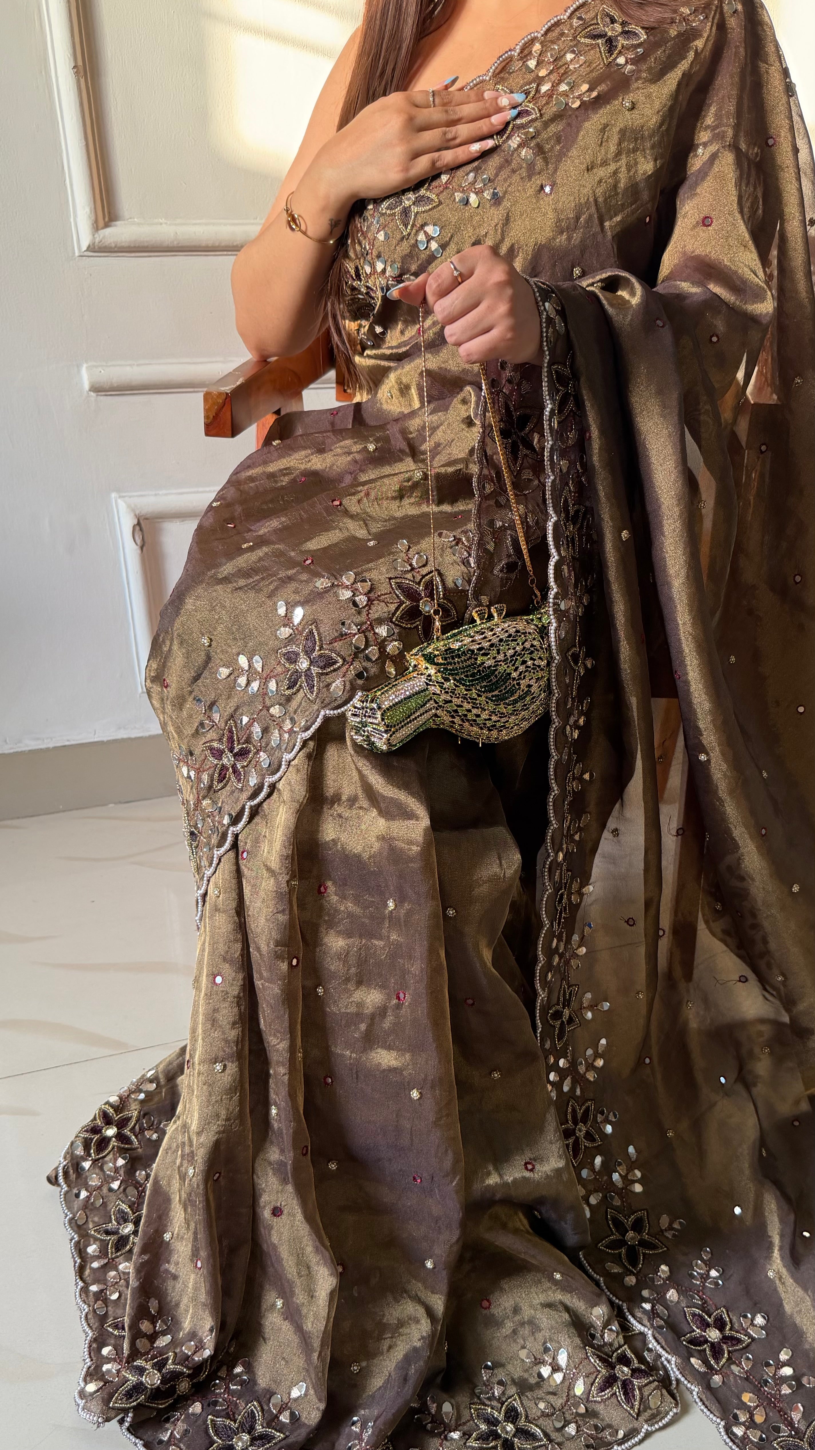 Sheesha aur moti - Chocolate brown mirrorwork and pearlwork hand embroidered saree