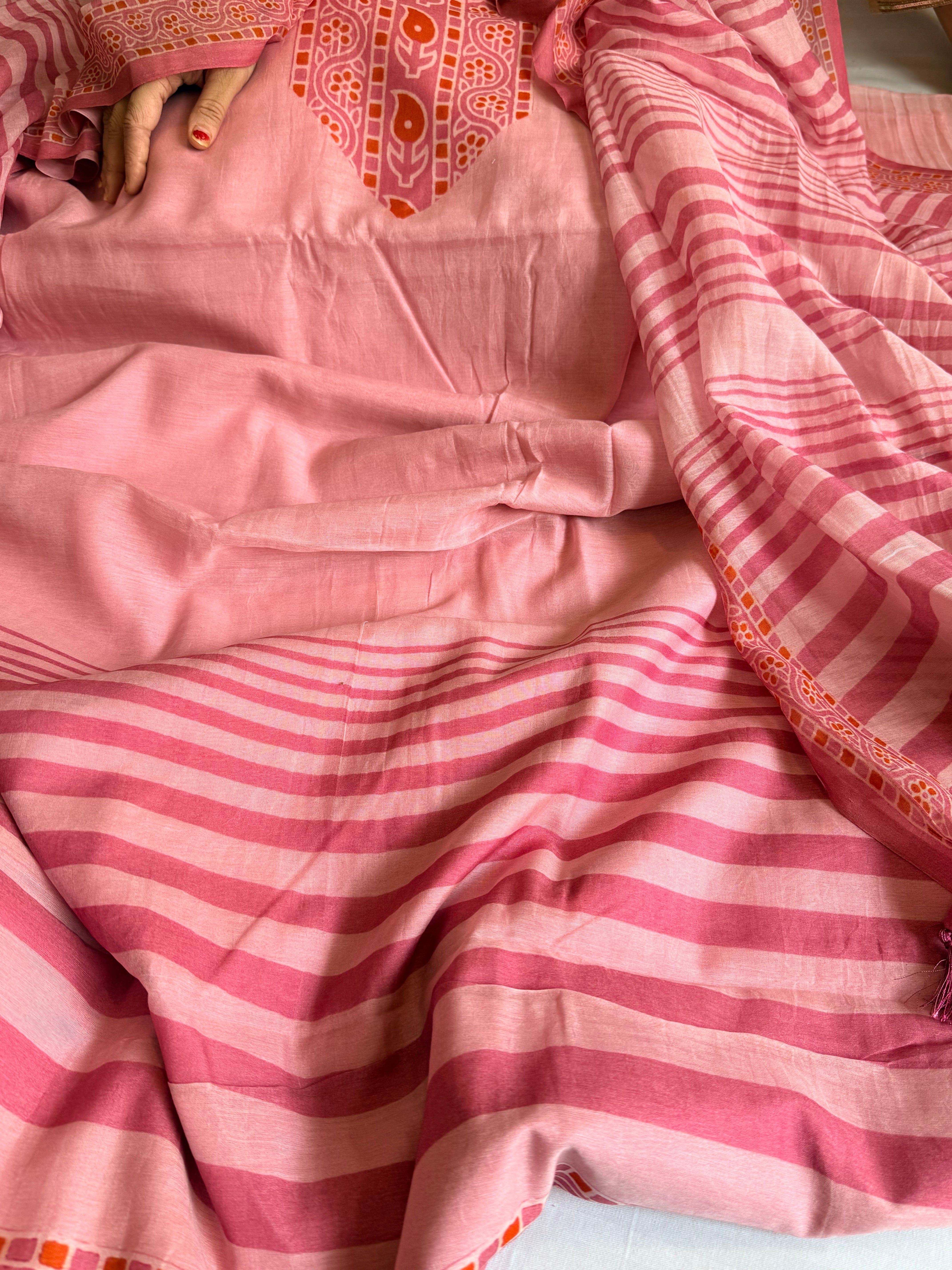 Onion pink mul cotton printed kadhwa weaving suit set