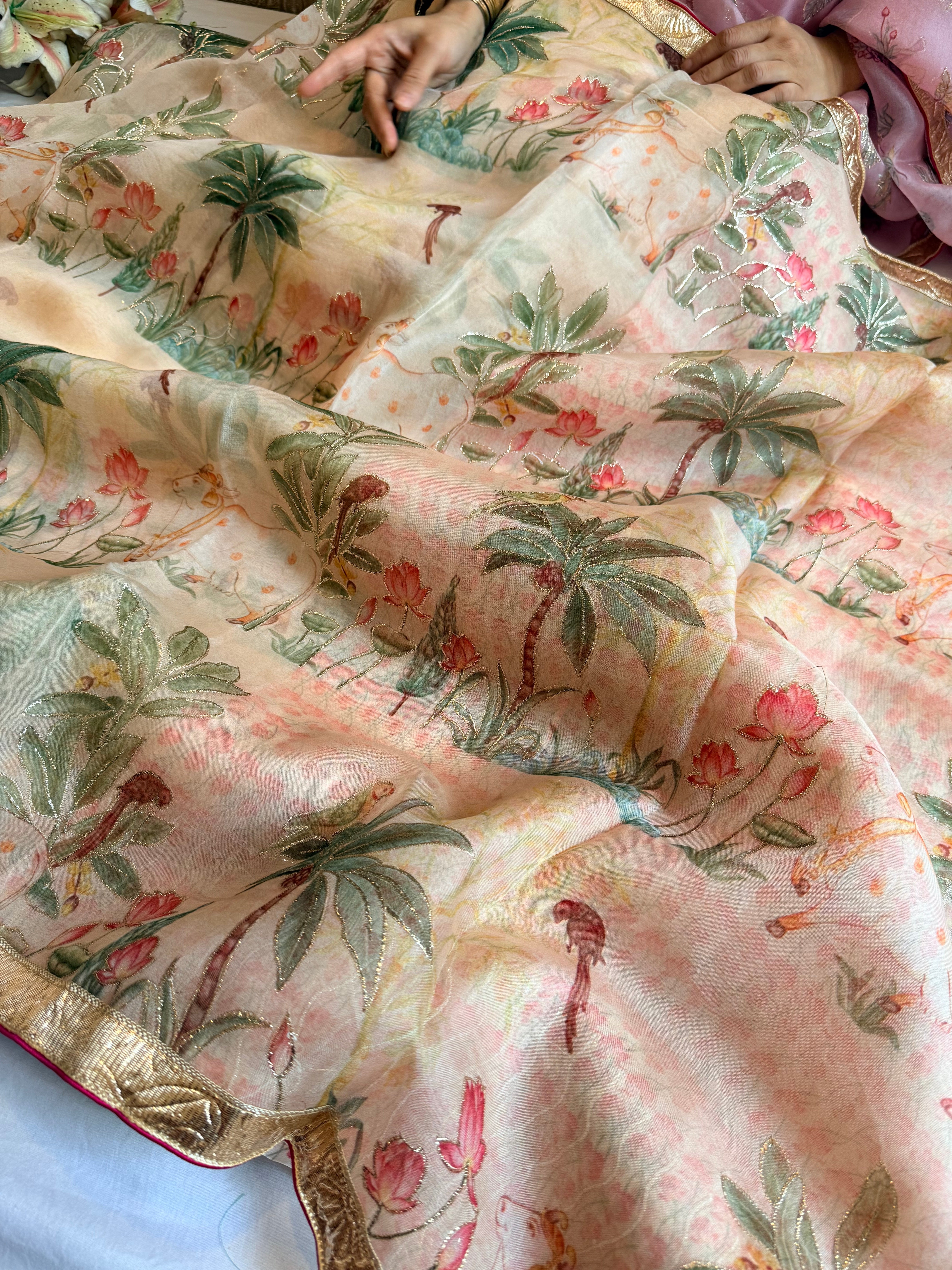 Kora silk printed lampi gotapatti hand embroidered saree