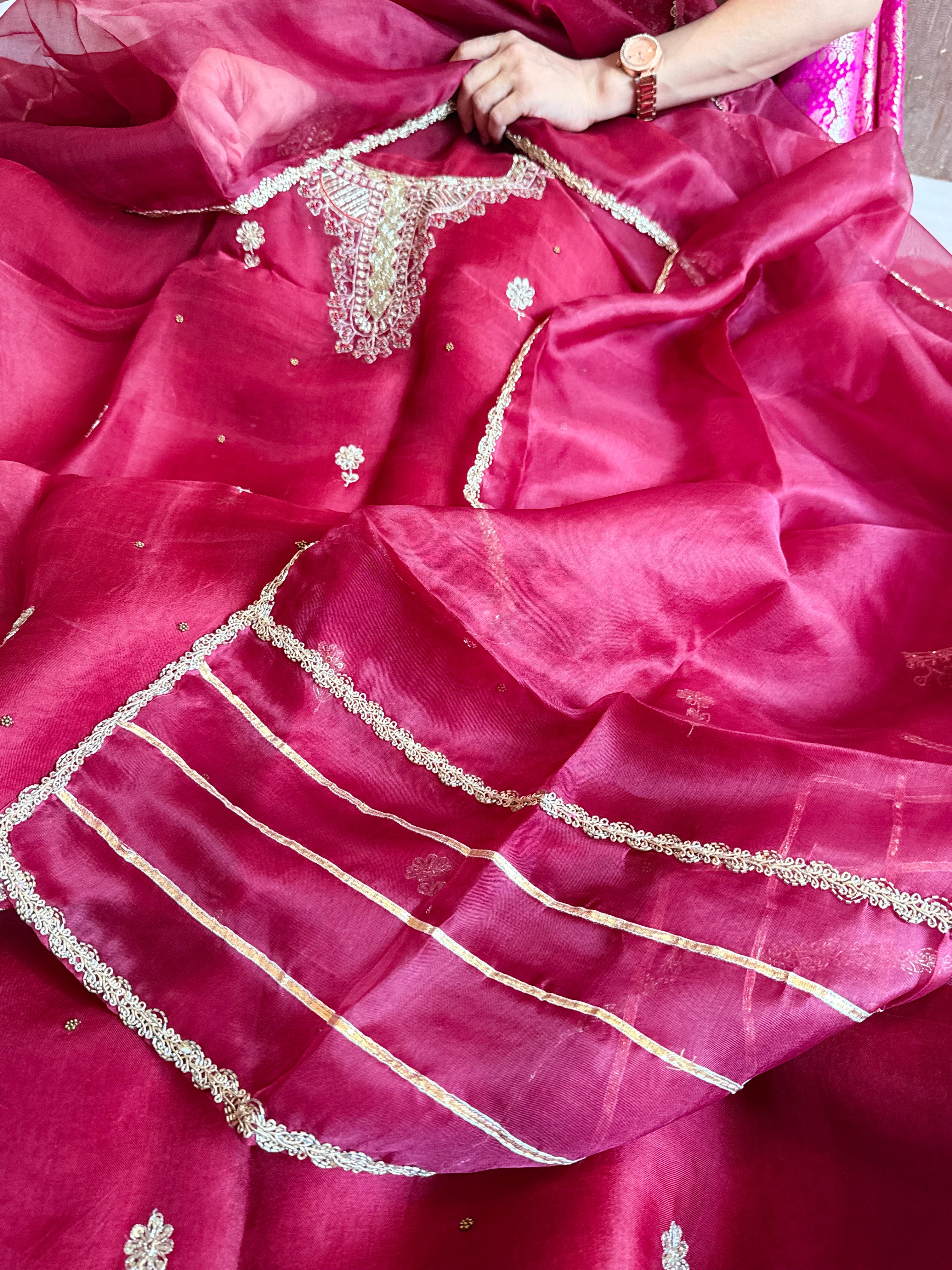 Cranberry red kora silk hand embroidered kadhwa suit set