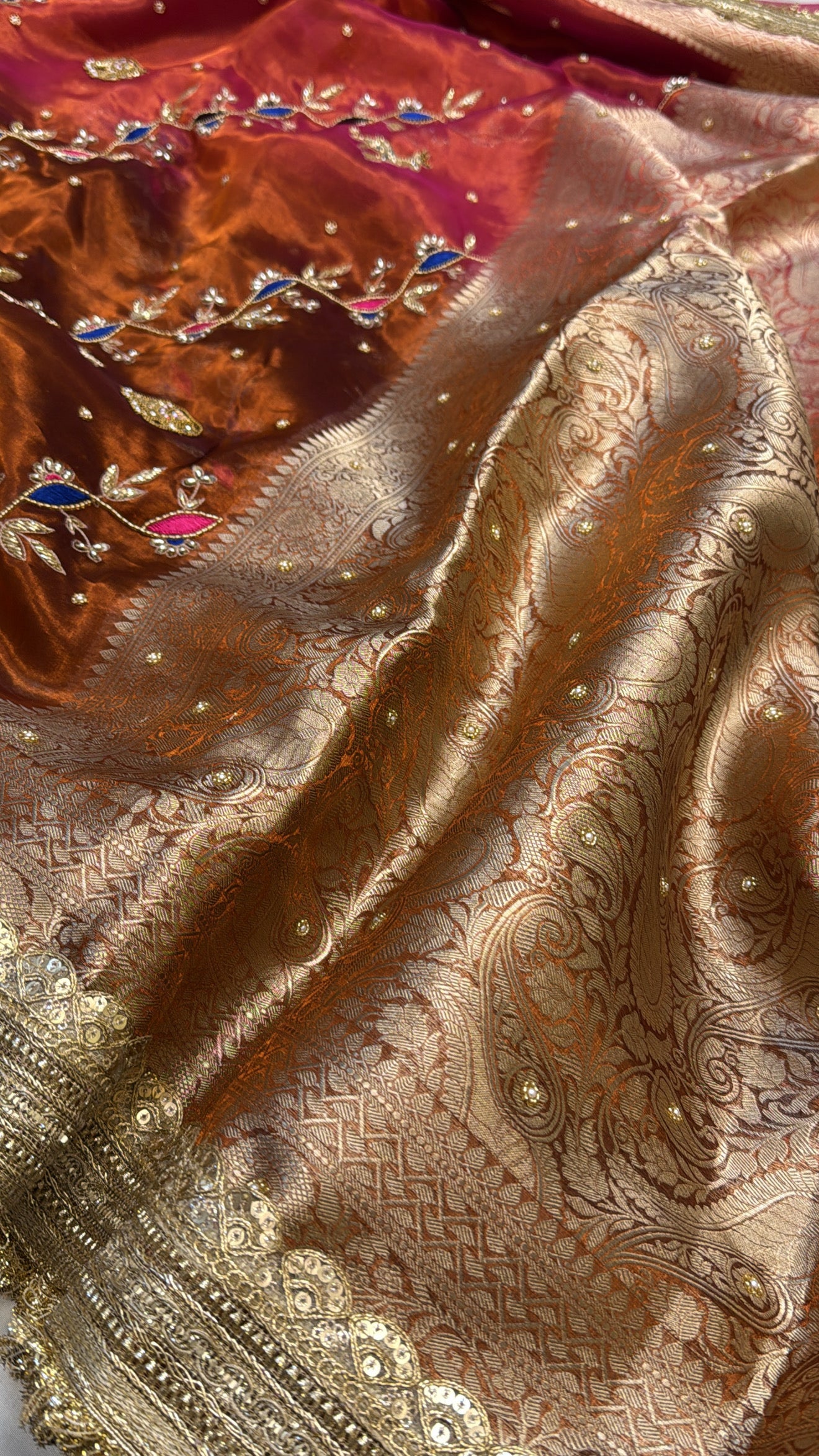 Bronze brown - pink ombre shaded elephant motif hand embroidered tissue silk saree