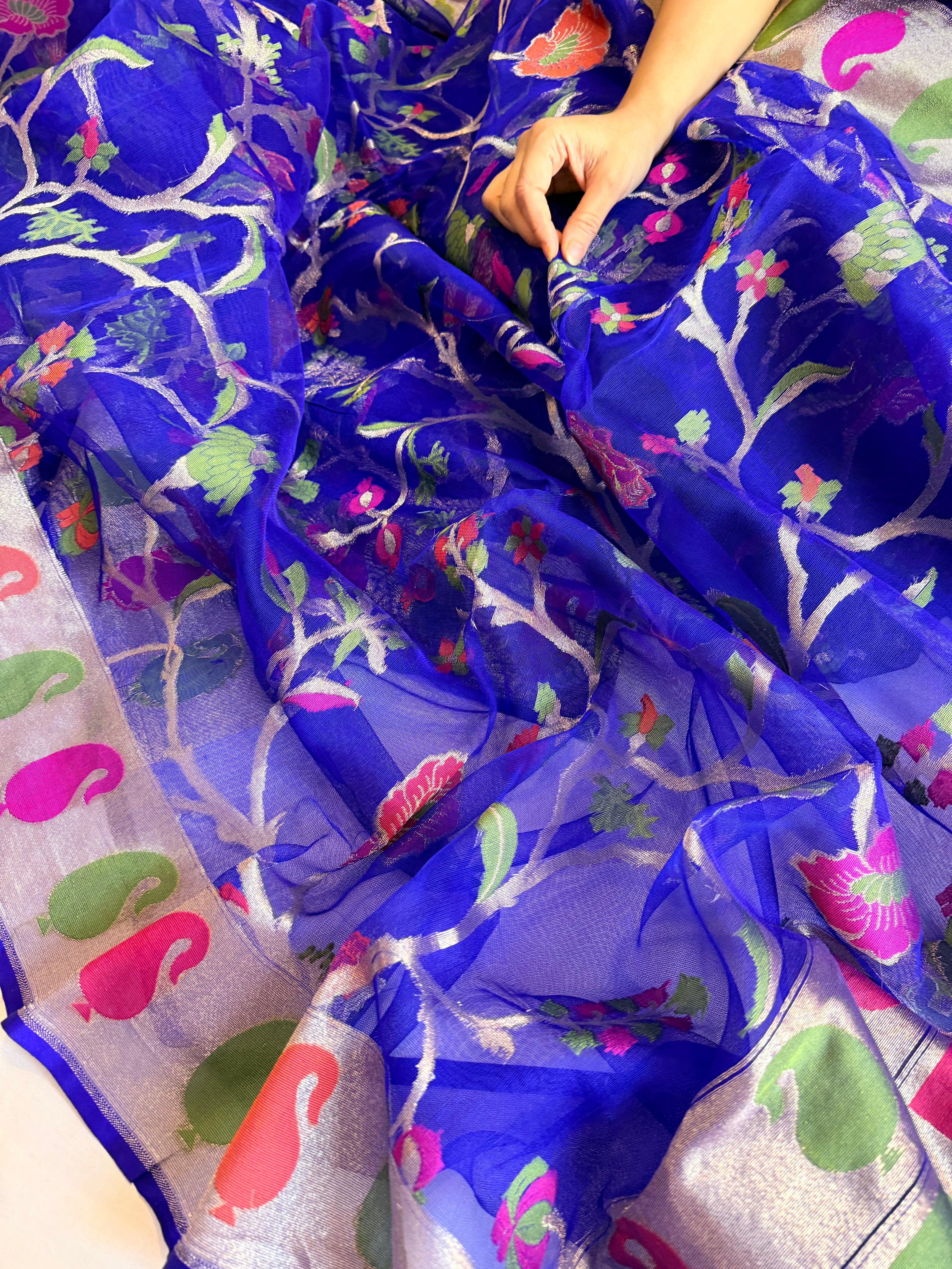 Electric blue silk net jamdani weaving meenakari kadhwa saree