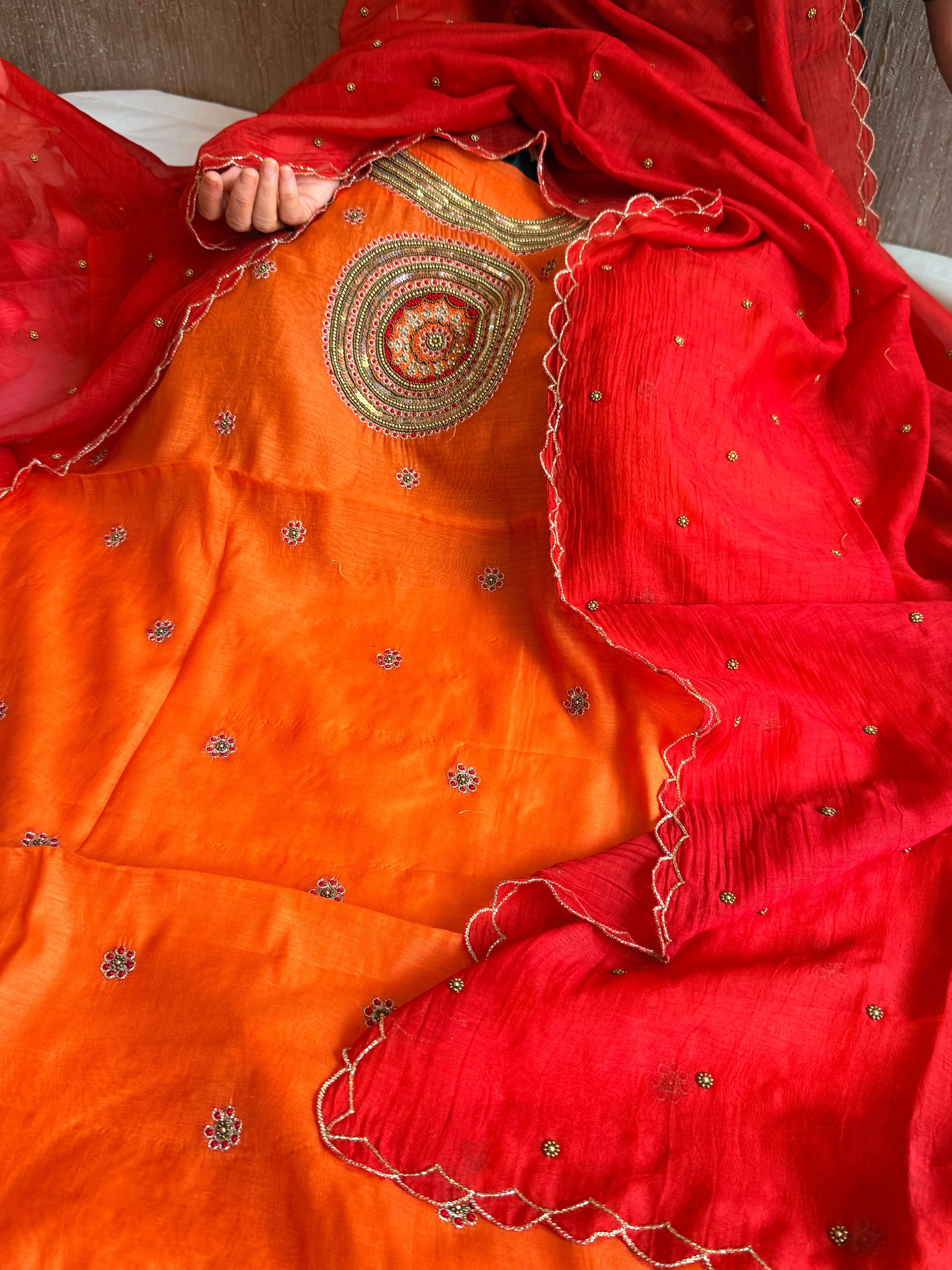 Mul cotton mandala inspired hand embroidered kadhwa suit set