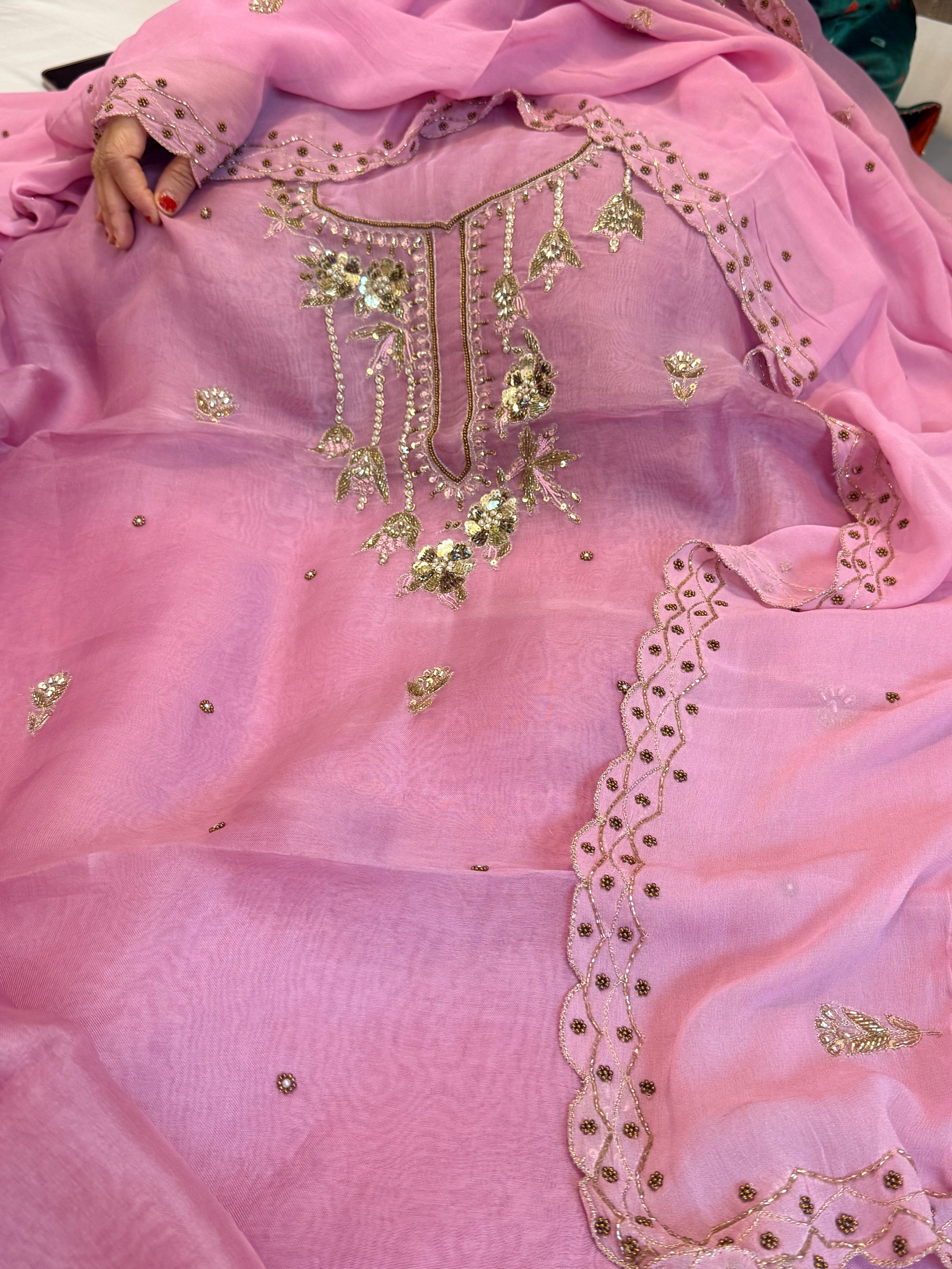 Blush pink kora silk gotapatti hand embroidered suit set