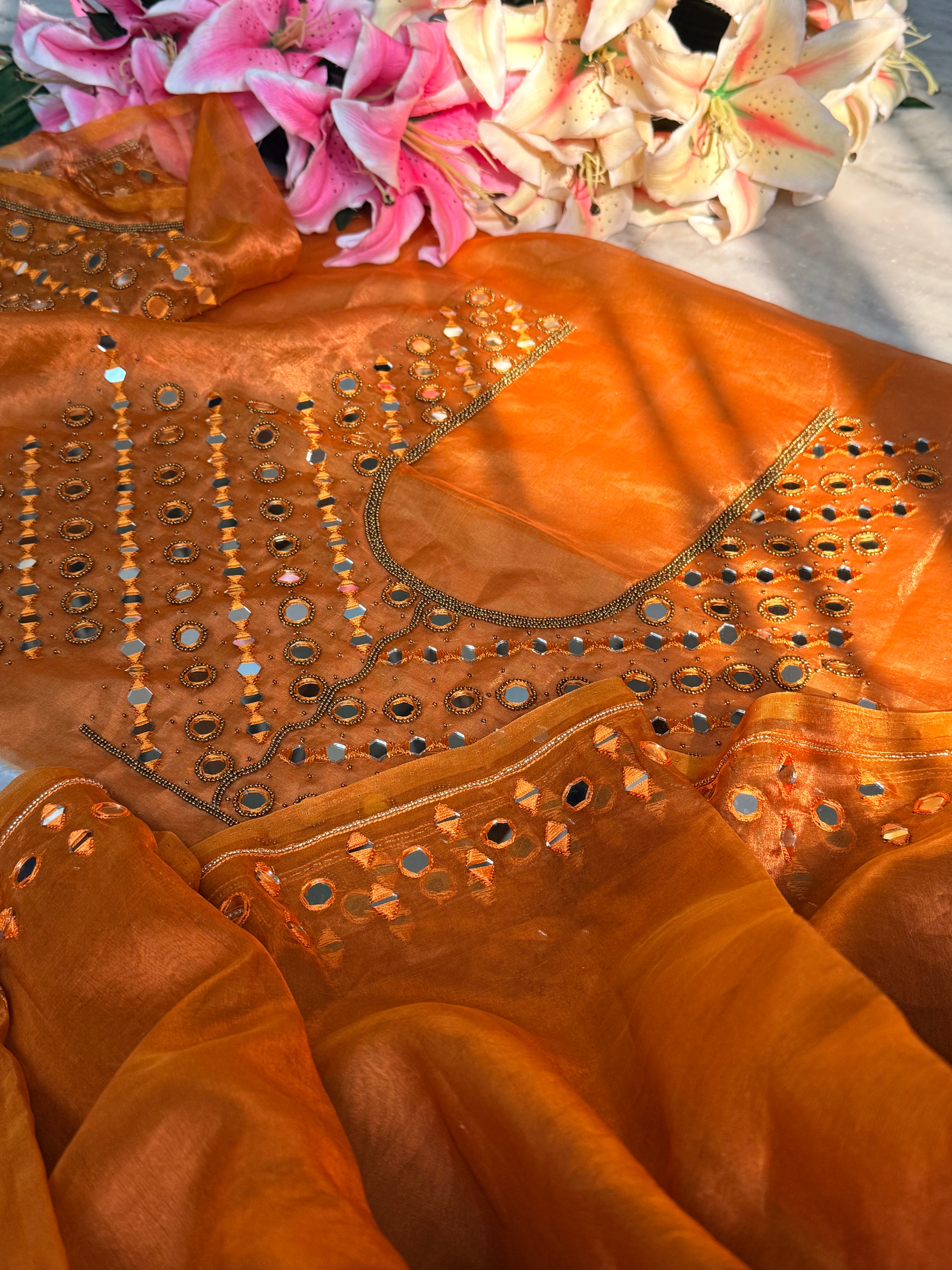Sheesha wali saree - Haldi mustard tissue silk murror work hand embroidered saree