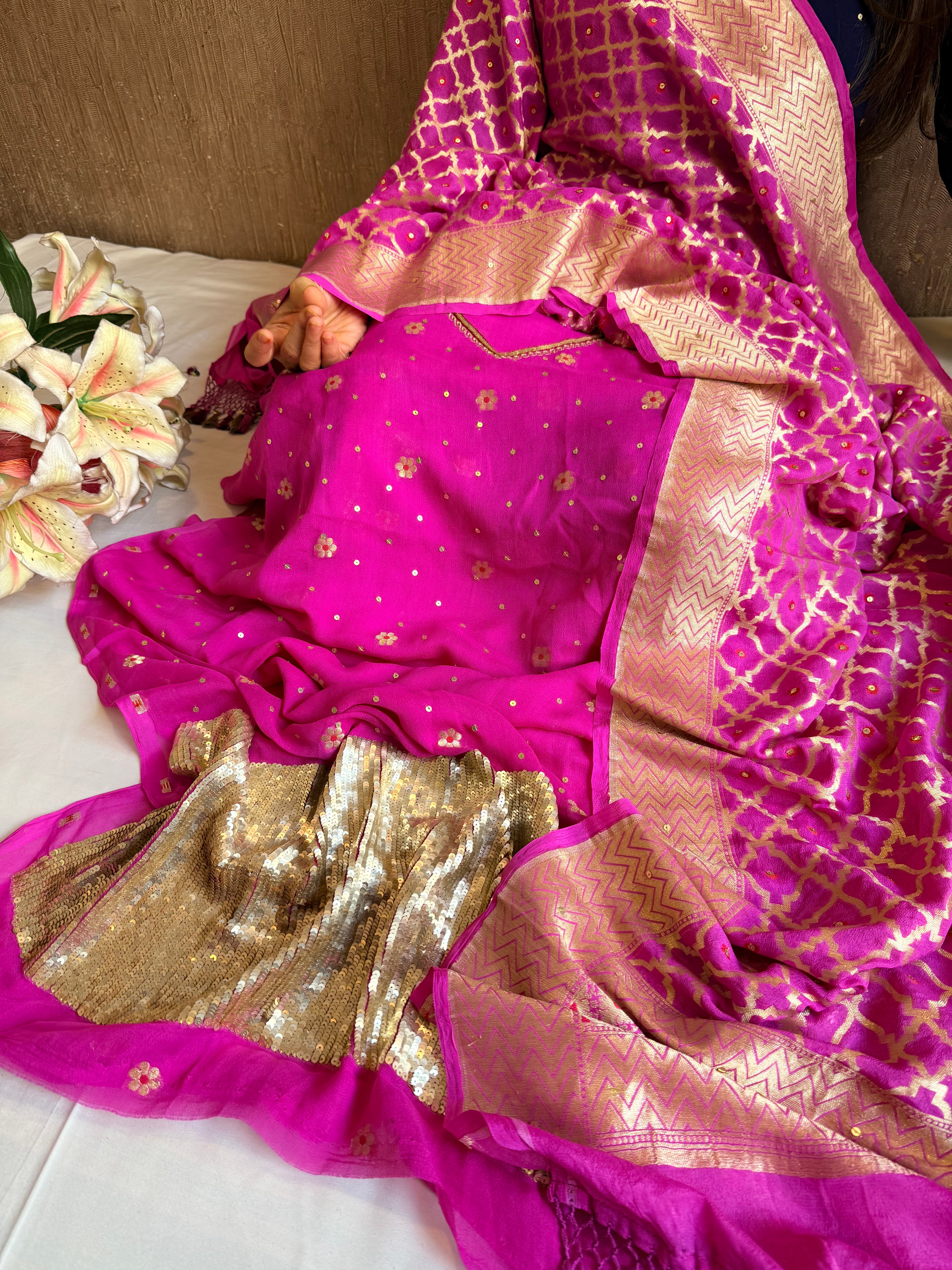Hot pink salma sitara chiffon gorgette hand embroidered suit set
