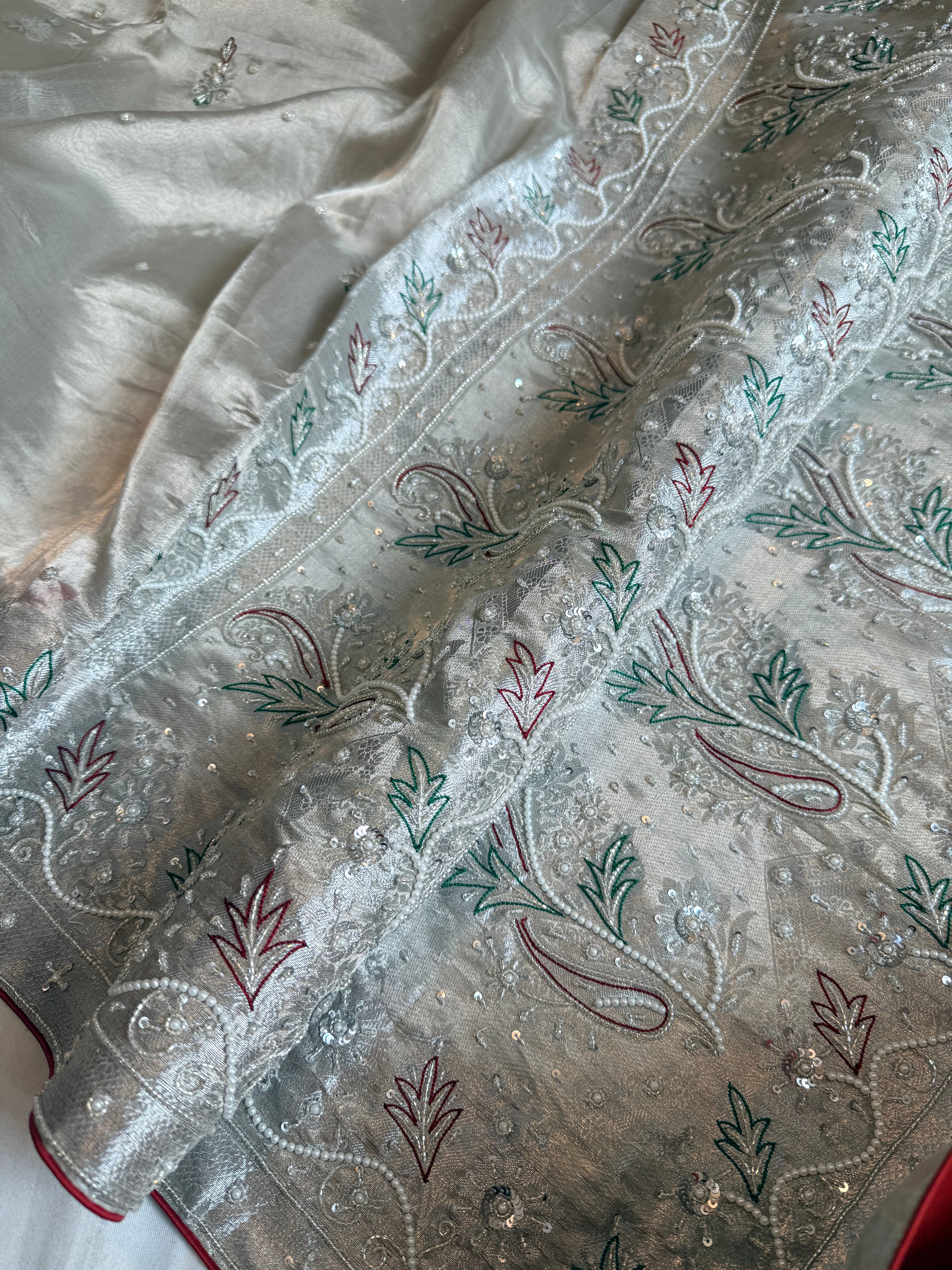 Dulhan wali saree edit silver tissue silk hand embroidered saree