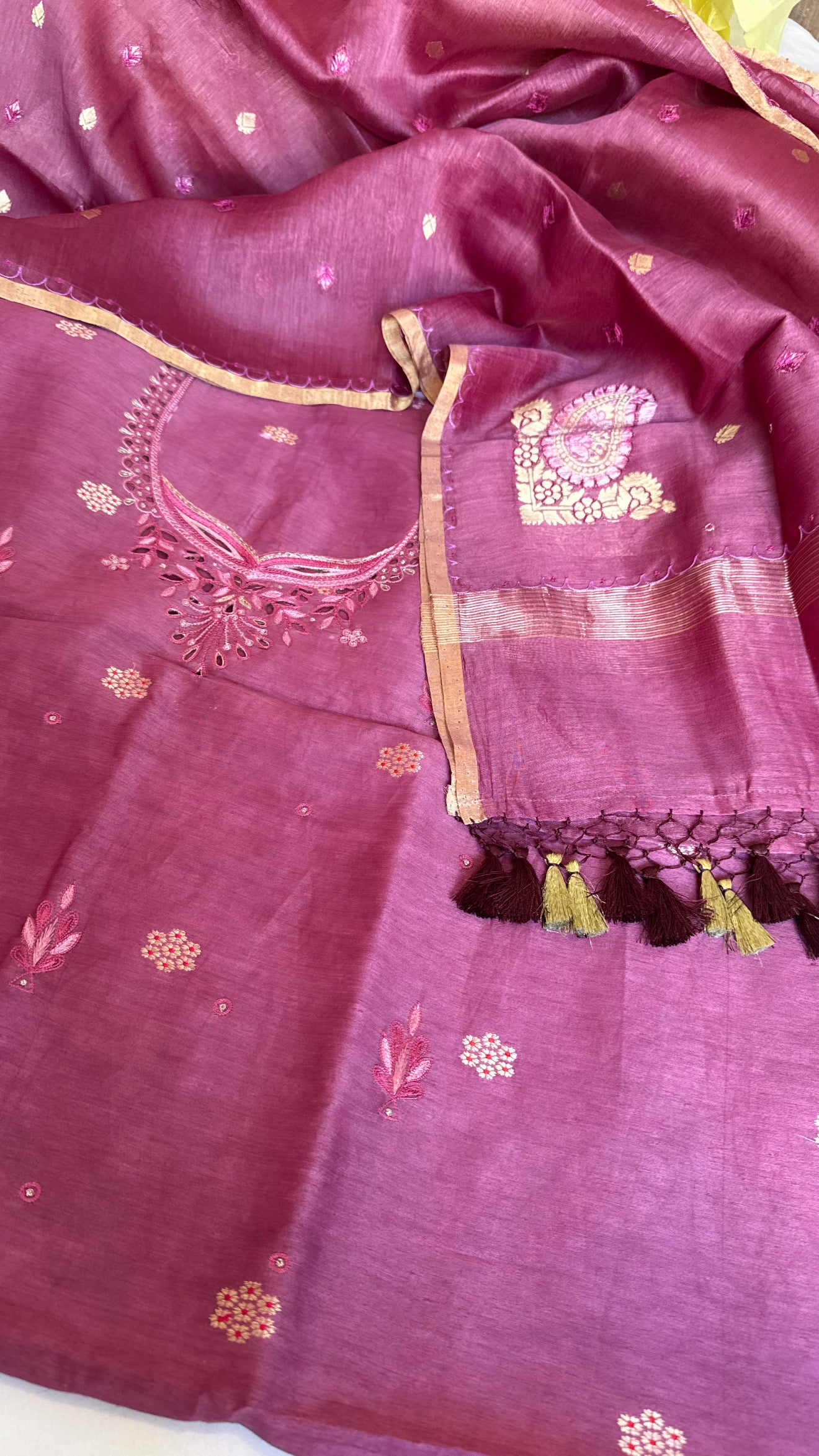 Bright lavender resham thread hand embroidered linen gorgette suit set