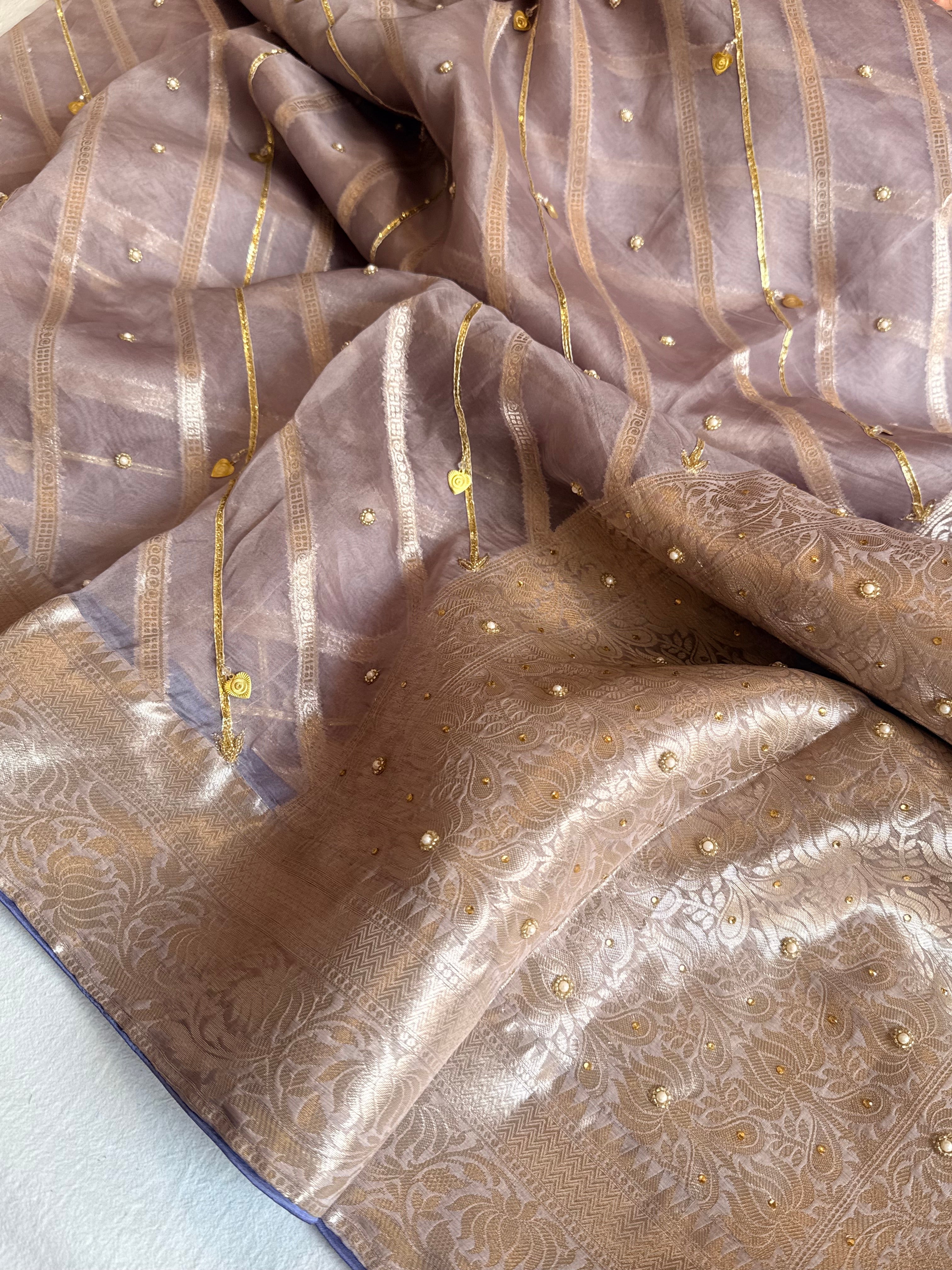 Kora silk kadhwa striped gotapatti work hand embroidered saree