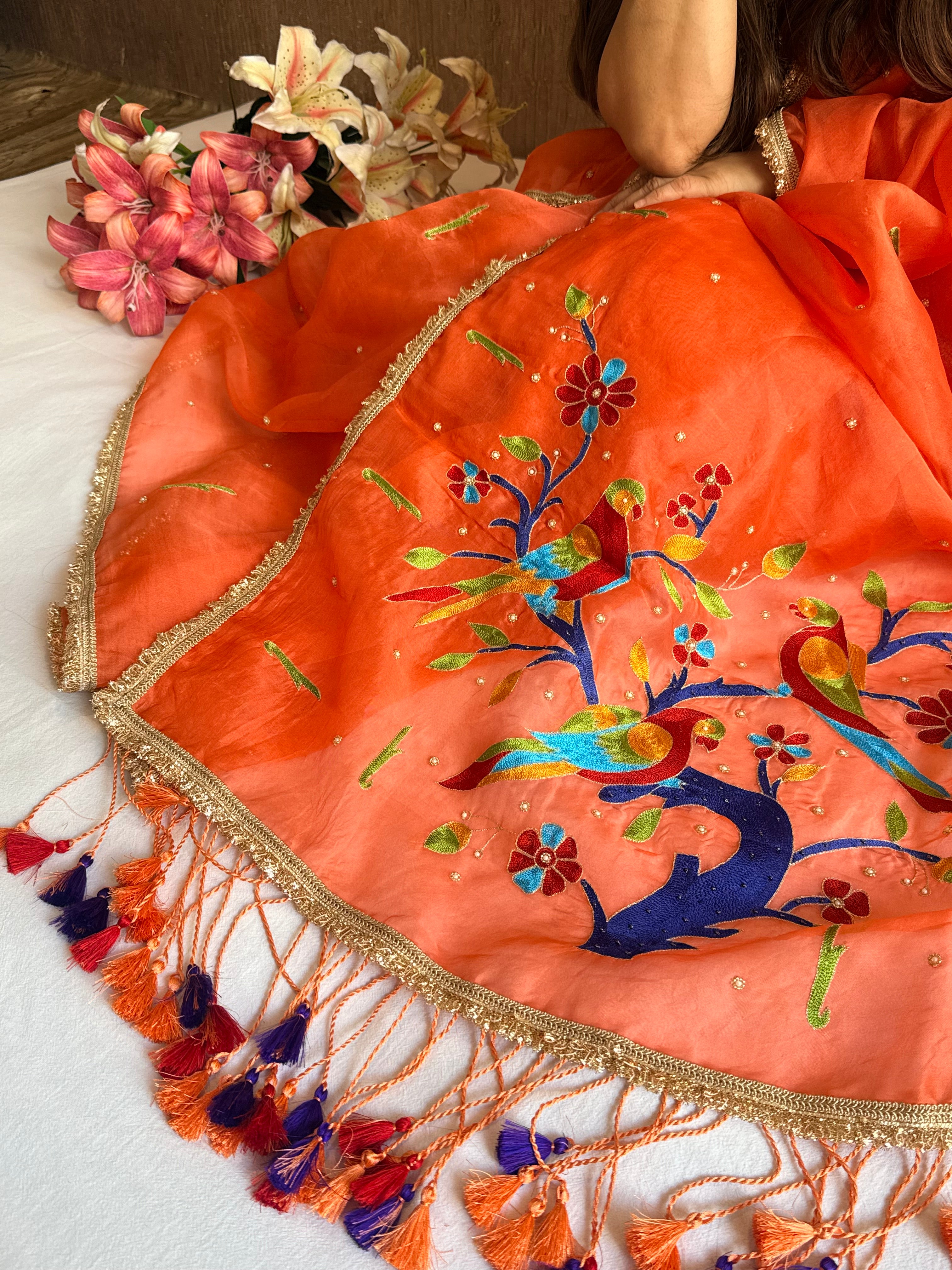 Peach kora silk paithani weaving hand embroidered kadhwa saree