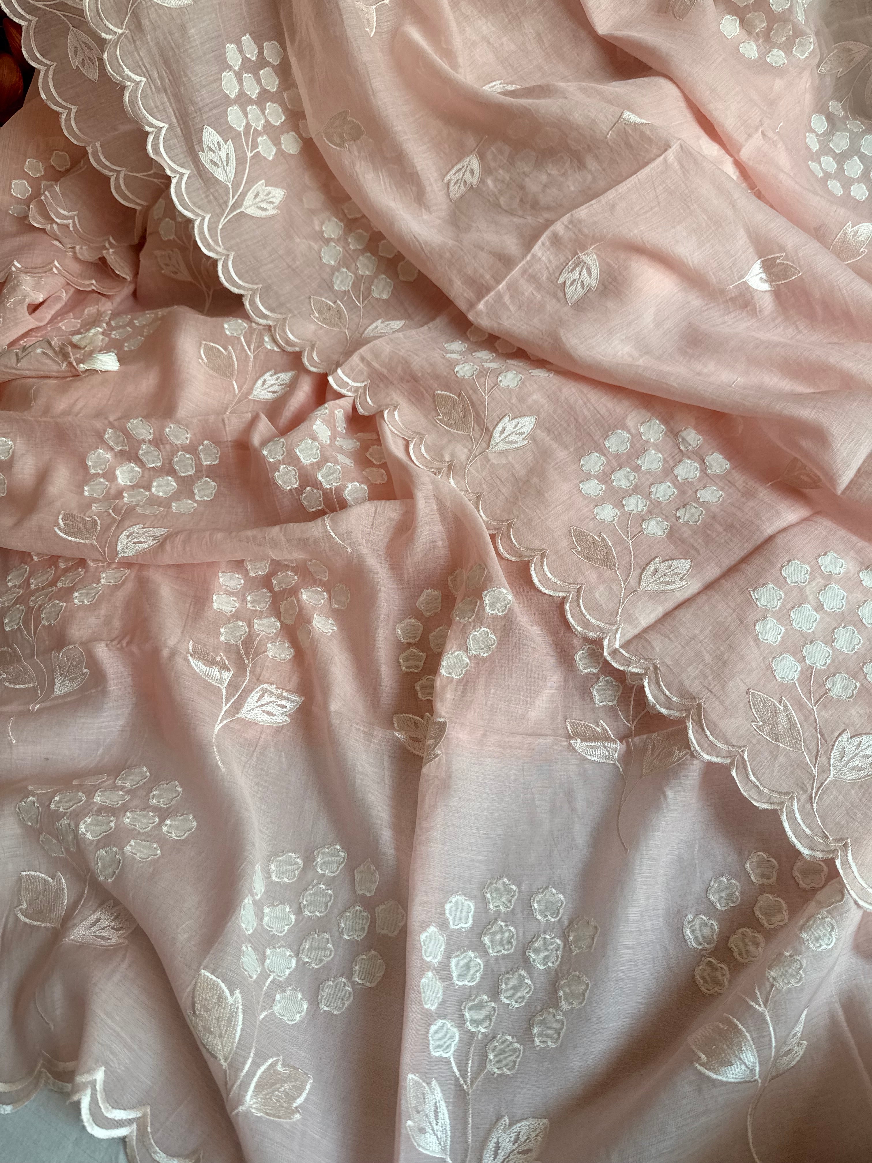 Alia bhatt inspired blush peachy pink mulmul appliqué work suit set