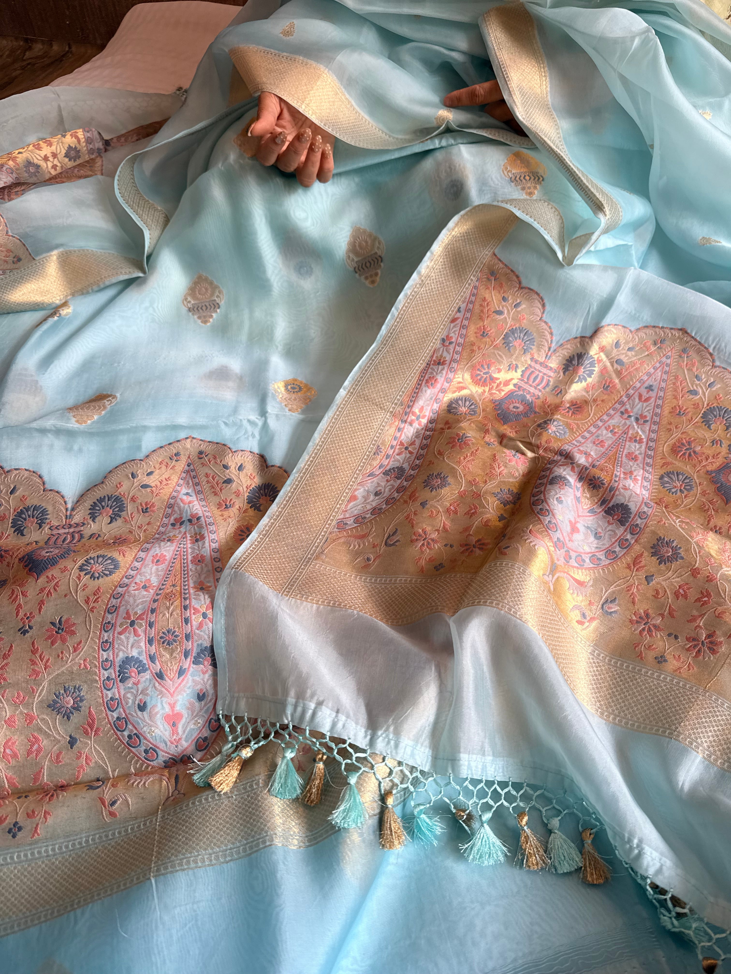 Butter silk banarasi ice blue meenakari kadhwa weaving suit set