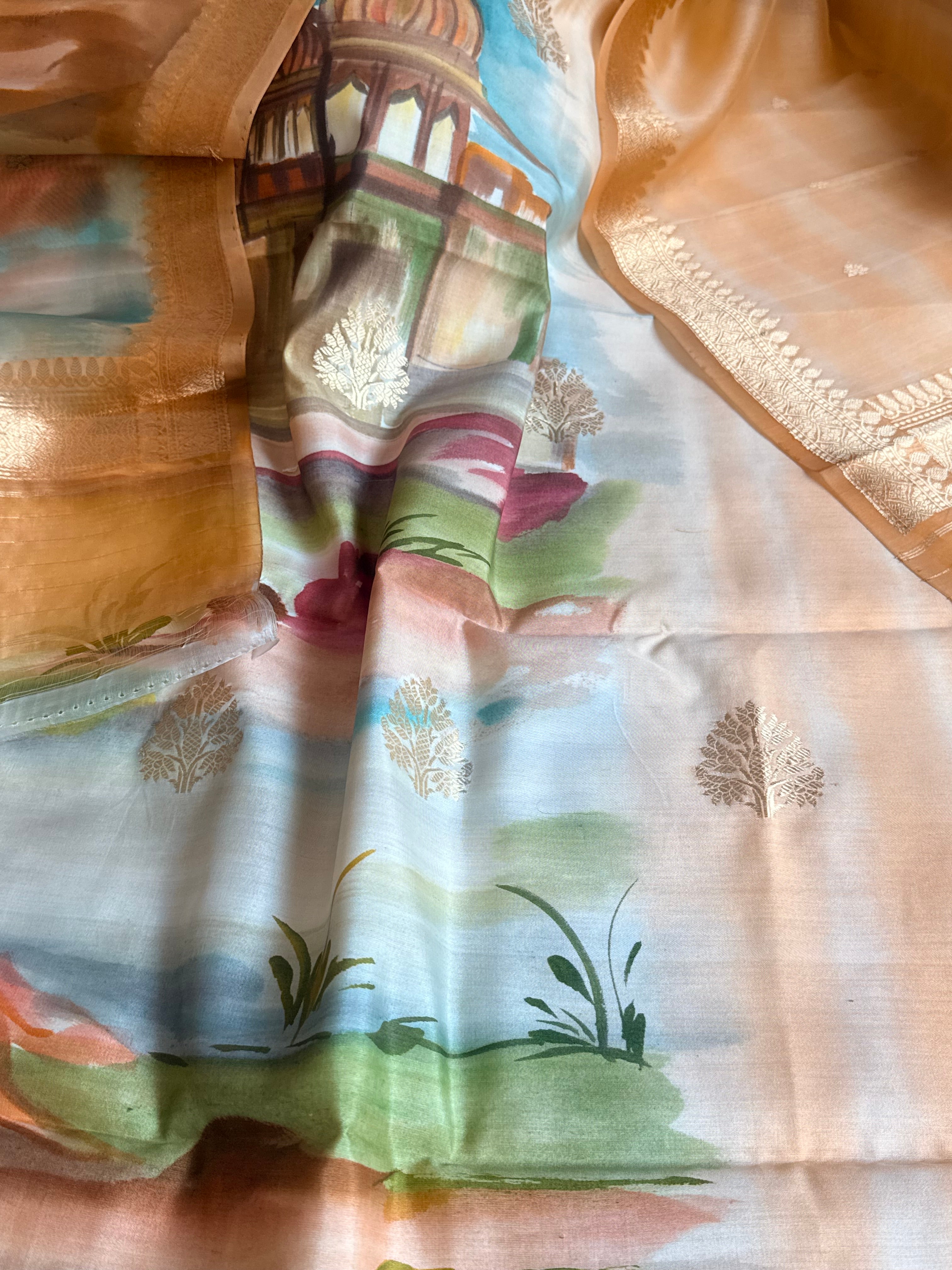 Banarasi kora silk handpainted ghatwork kadhwa buti rainbow dye suits