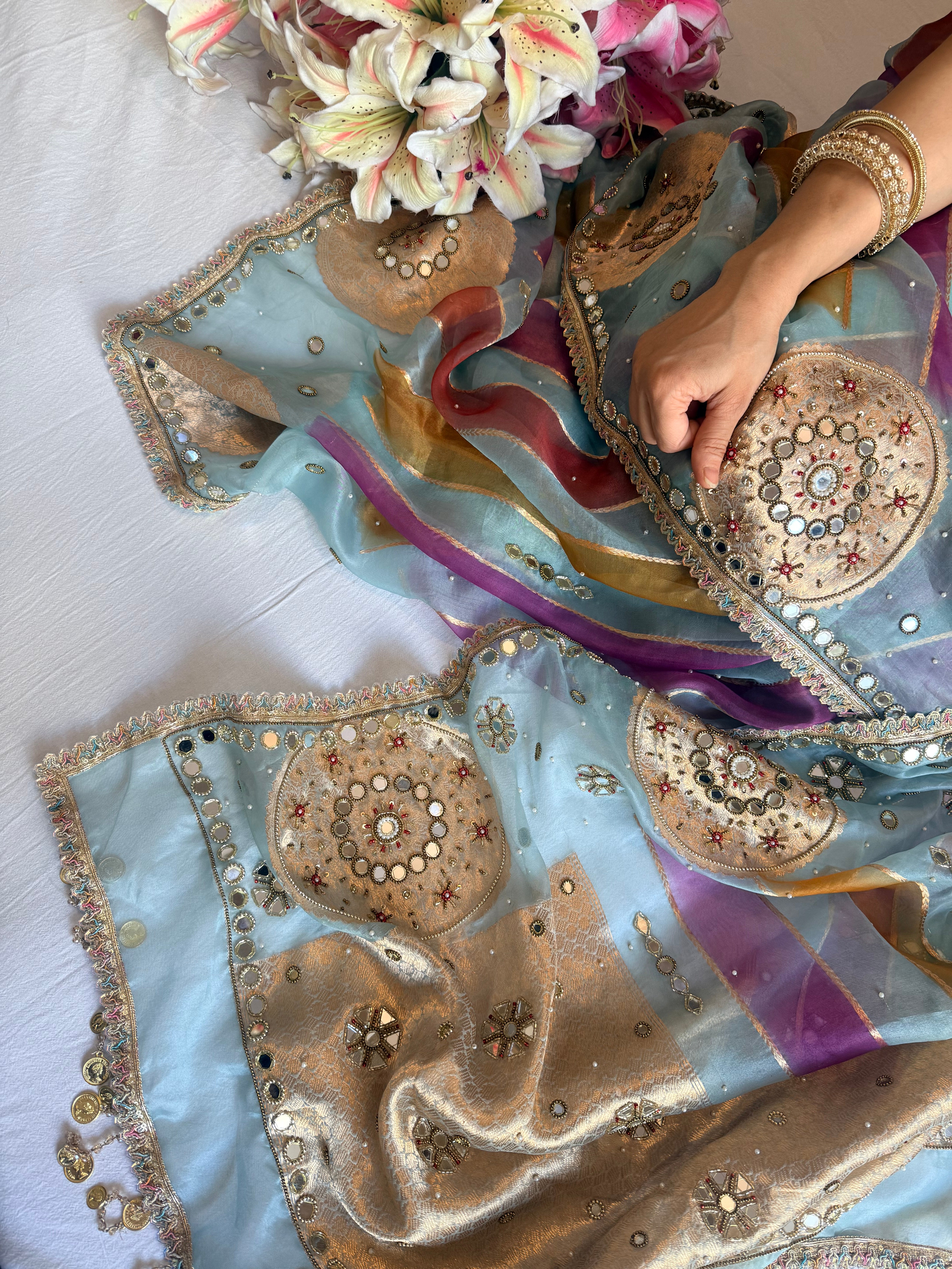 Rang birangi 2.0 - Kora silk mirrorwork hand embroidered rangkaat saree