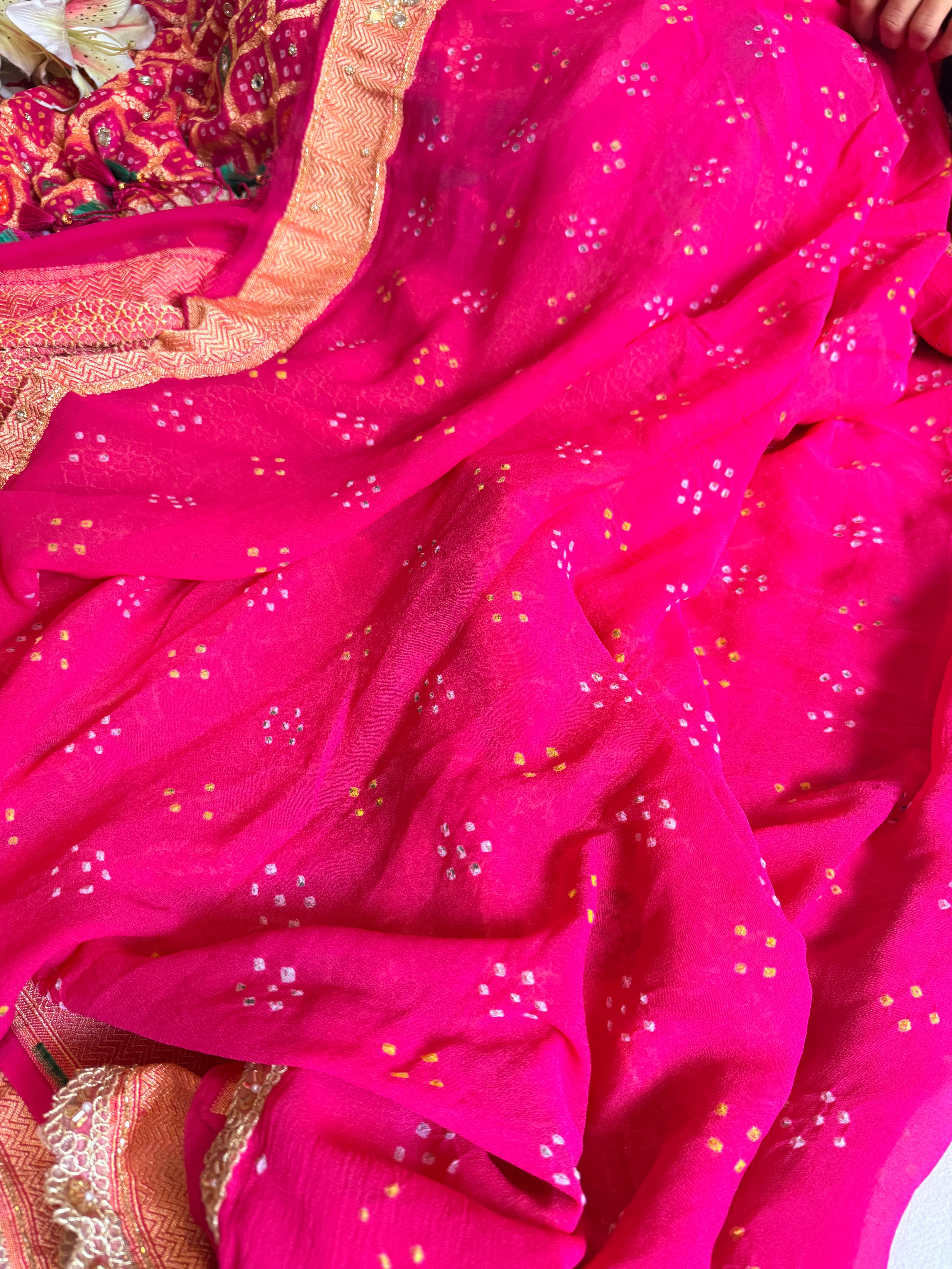 Banarasi chiffon gorgette rai bandhej kadhwa weaving hand embroidered saree