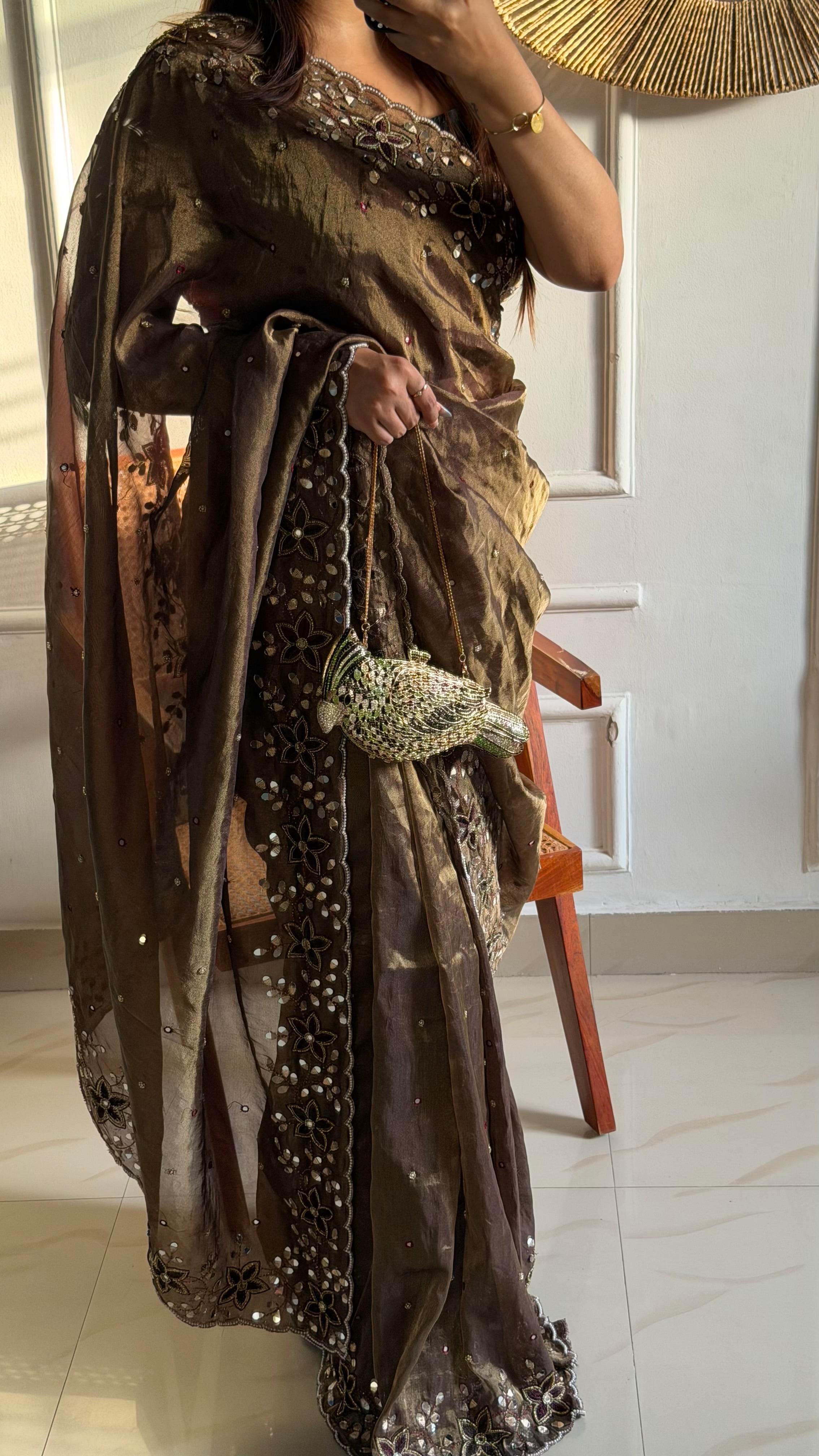Sheesha aur moti - Chocolate brown mirrorwork and pearlwork hand embroidered saree