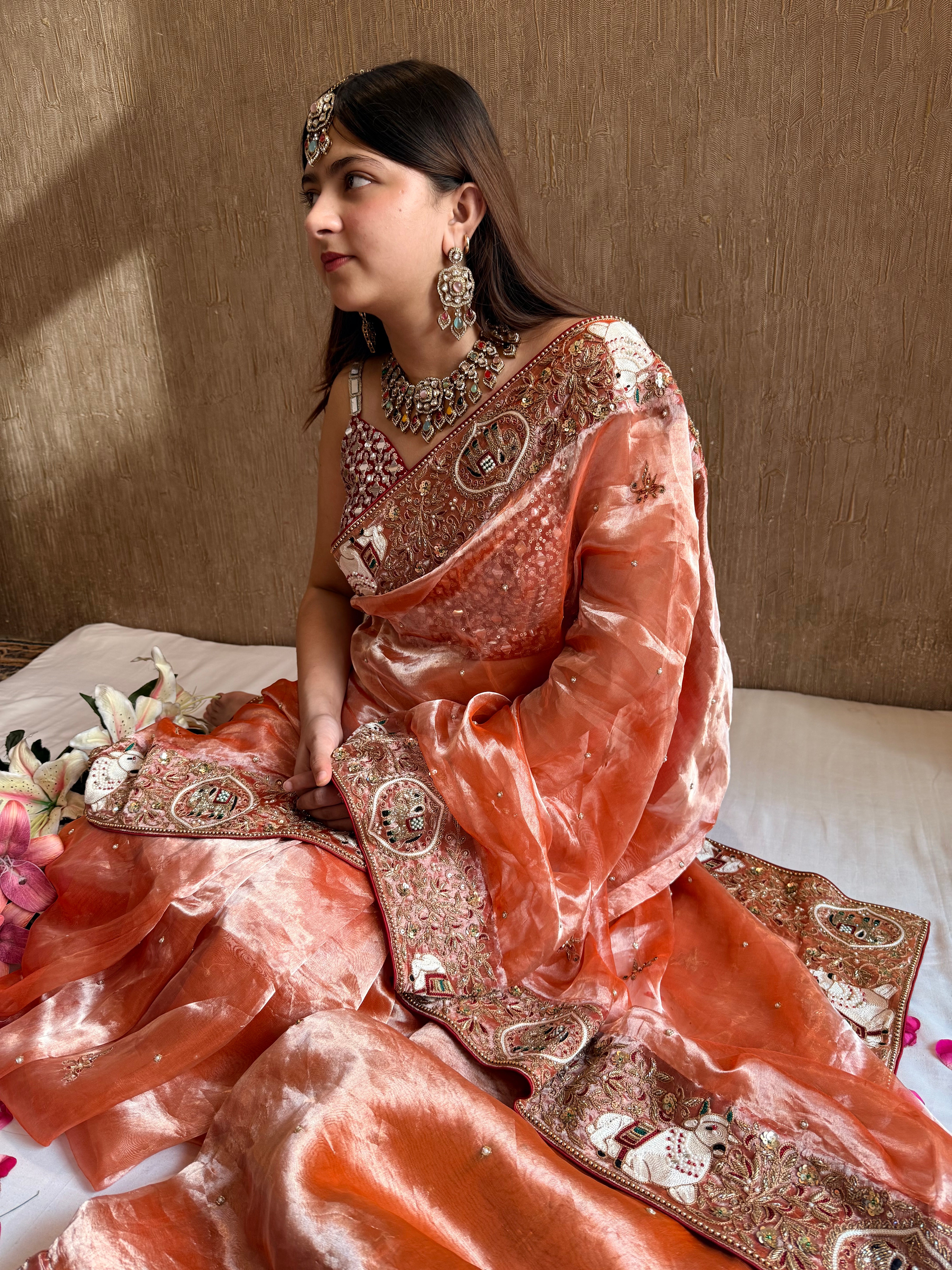 Chandramukhi edit - Fanta orange diamond tissue silk hand embroidered saree