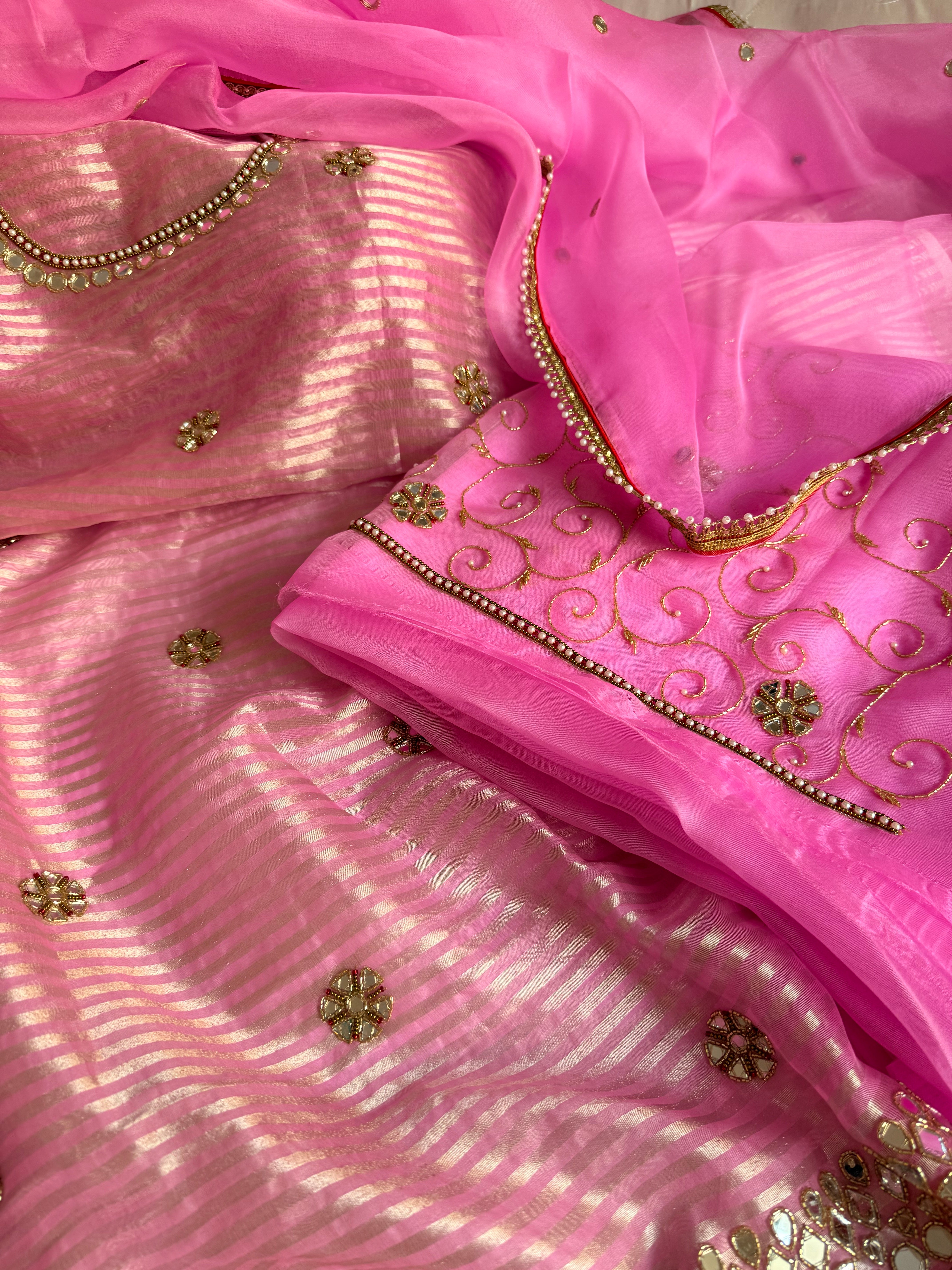Kora silk silver zari striped mirror work edit hand embroidered kadhwa suit set