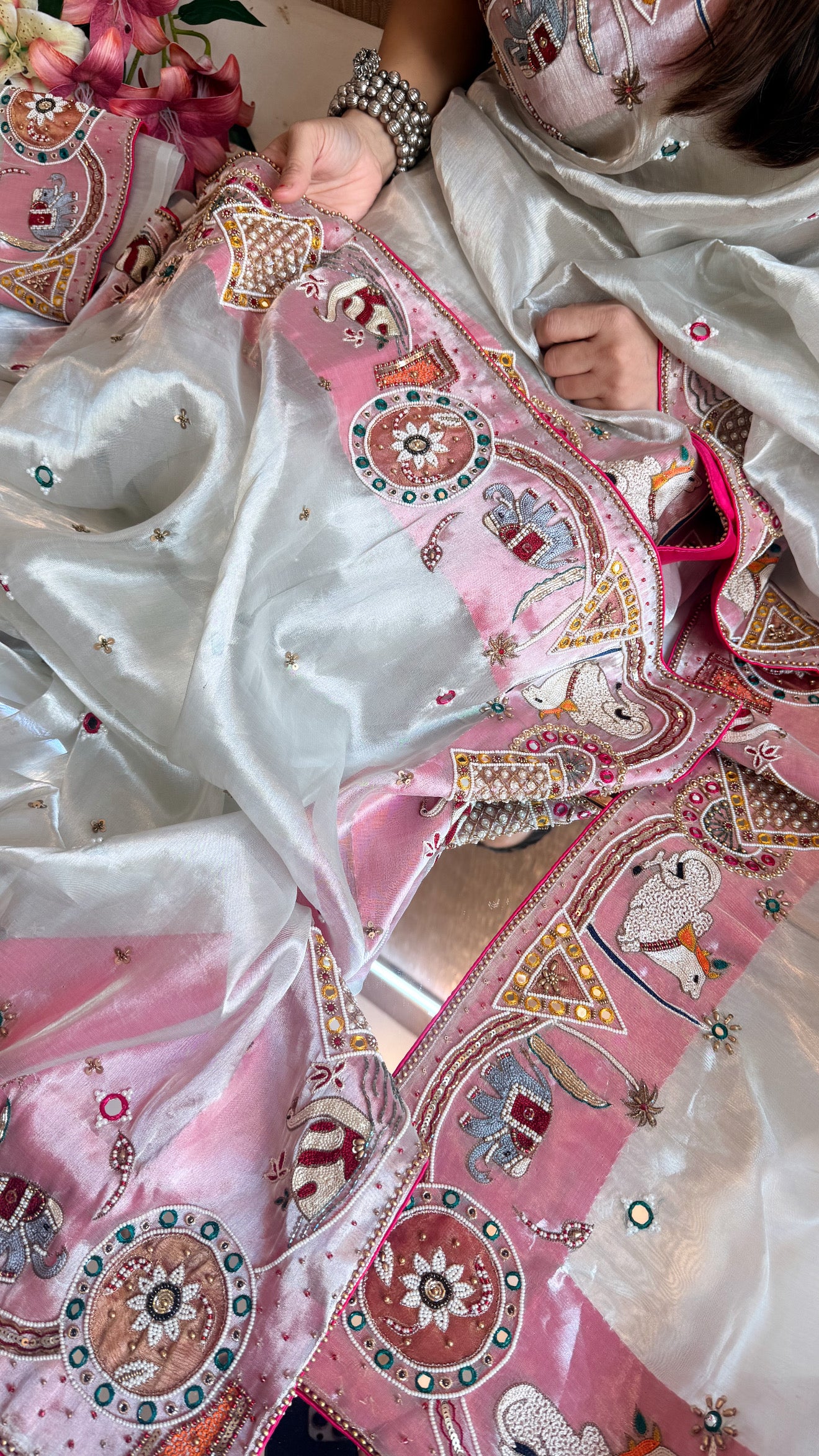 Sufi night saree - Diamond tissue silk kutchi meenakari work hand embroidered saree