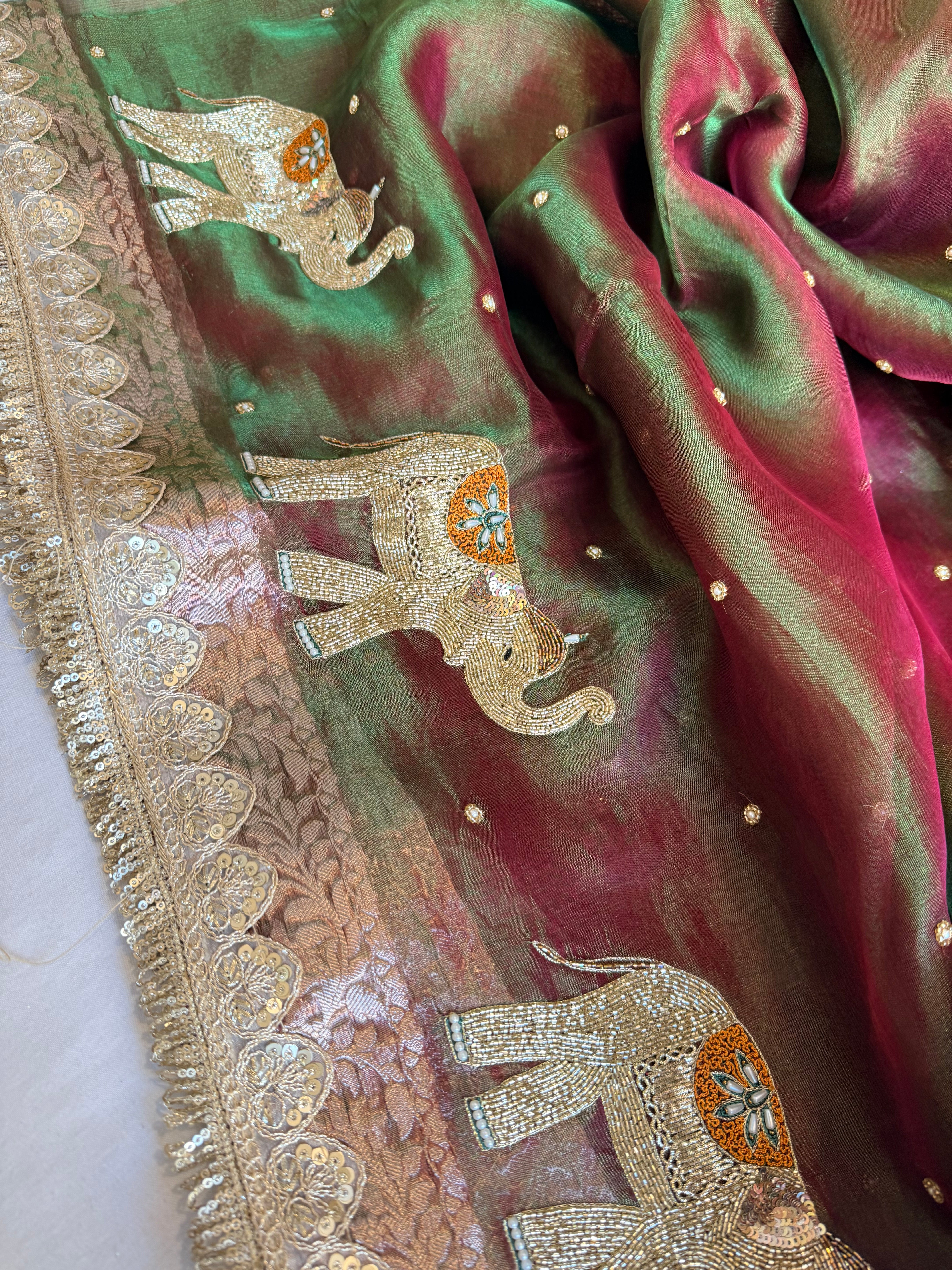 Elephant motif mehendi green dhup chao effect tissue silk hand embroidered saree