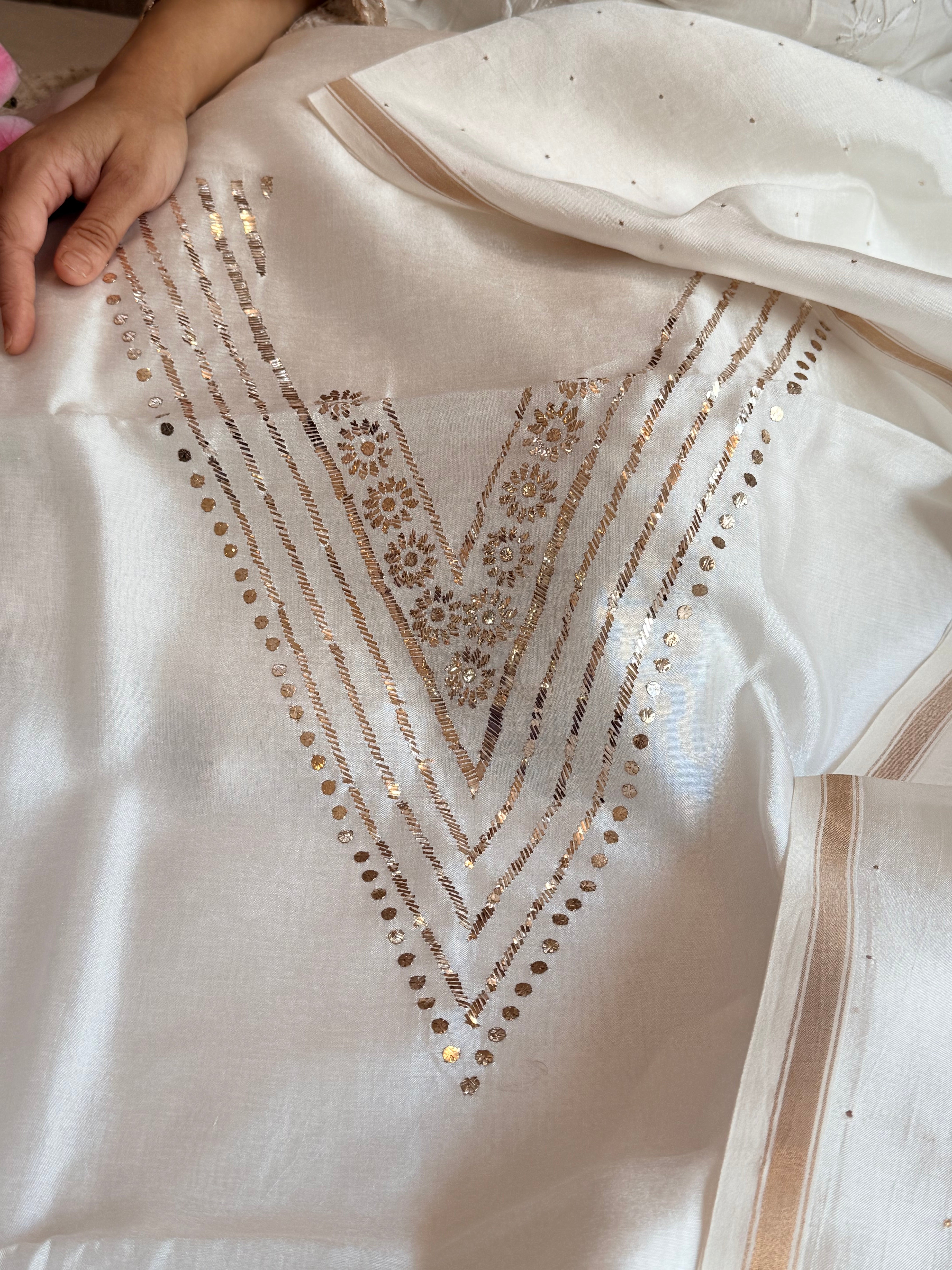 Pearl white spun chiniya silk mukaish hand embroidered suit sets