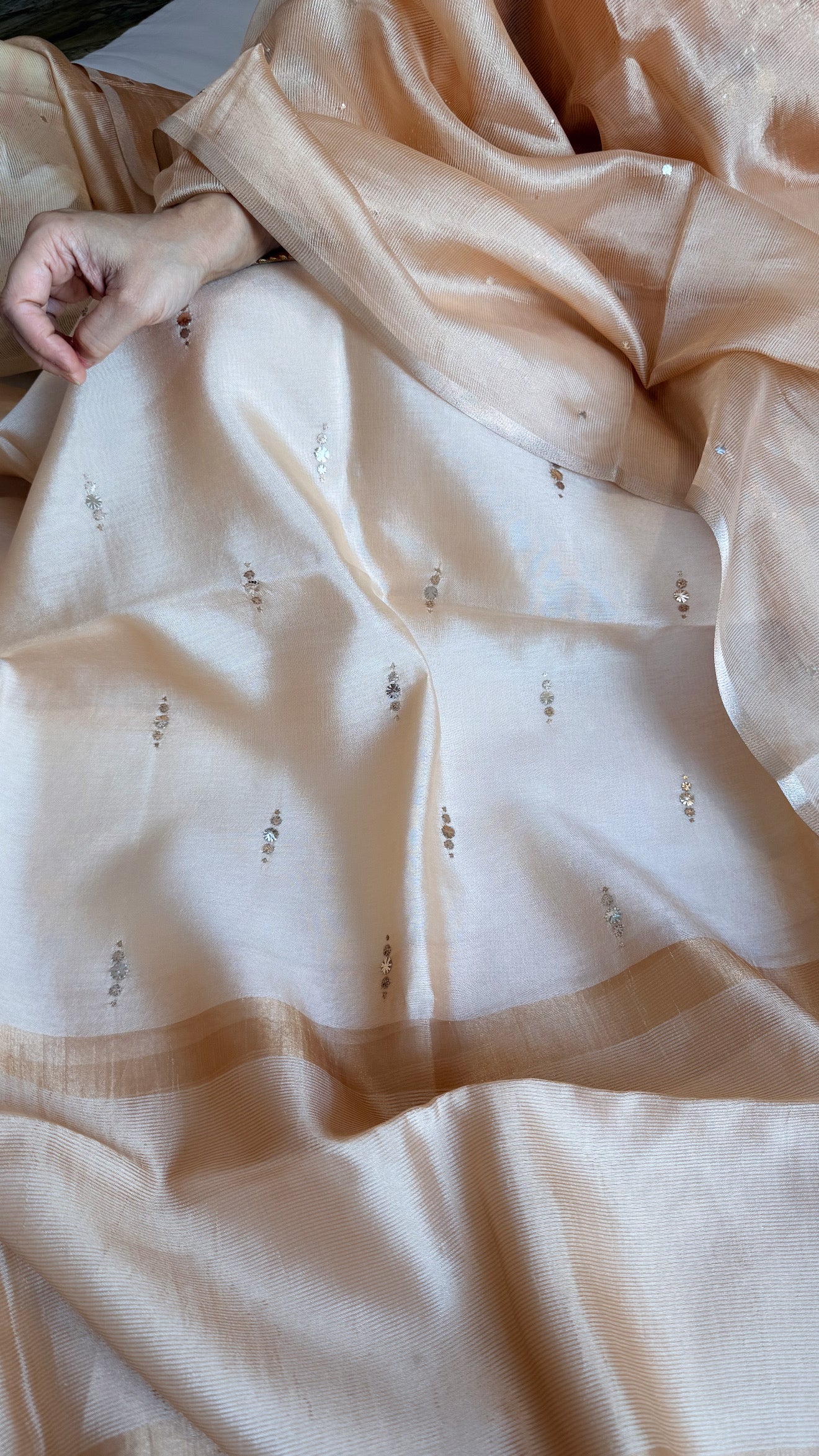 Summer suit edit - Spun chiniya silk mukaish work biscuit gold hand embroidered suit set
